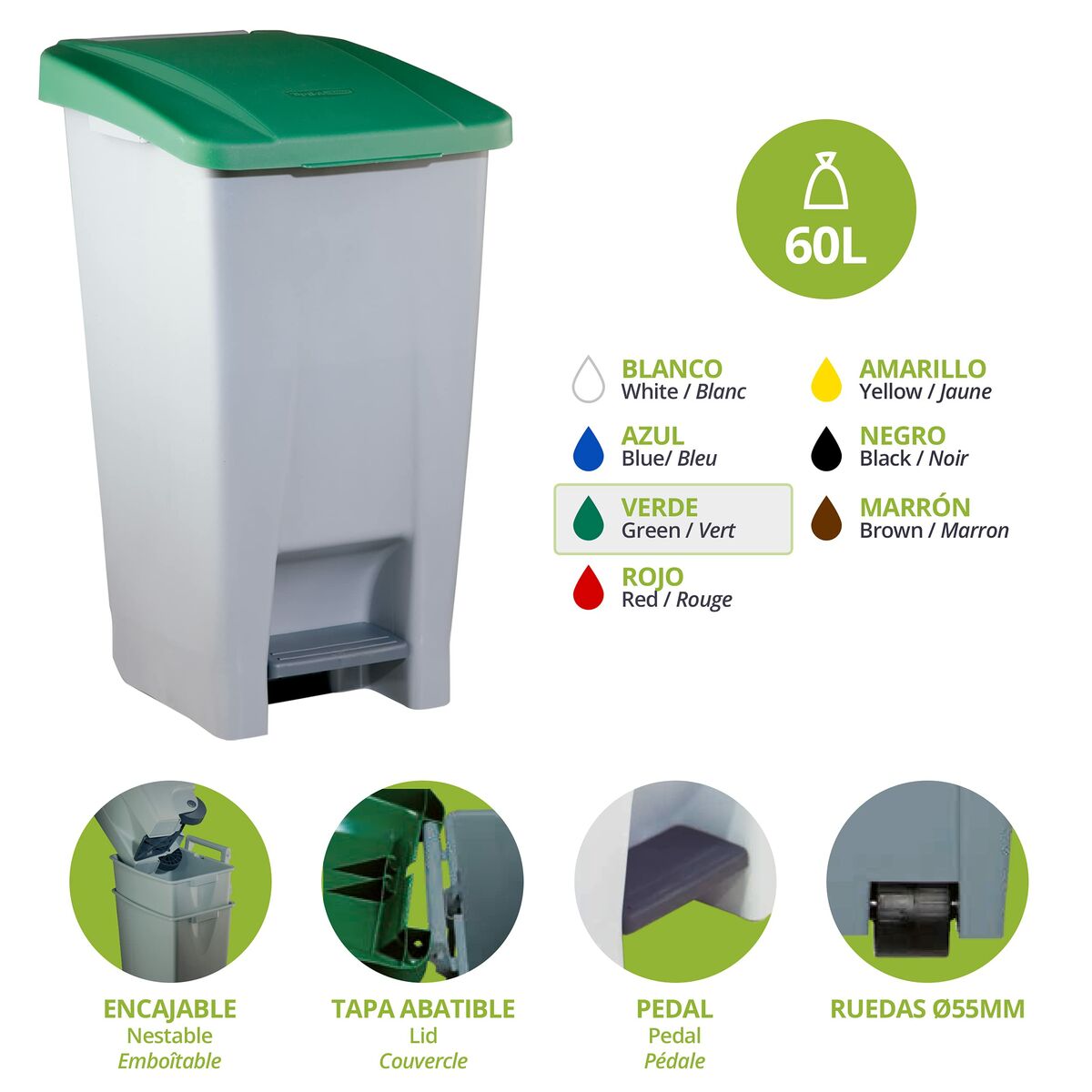 Poubelle Recyclage Denox Vert 60 L (38 X 49 X 70 Cm)