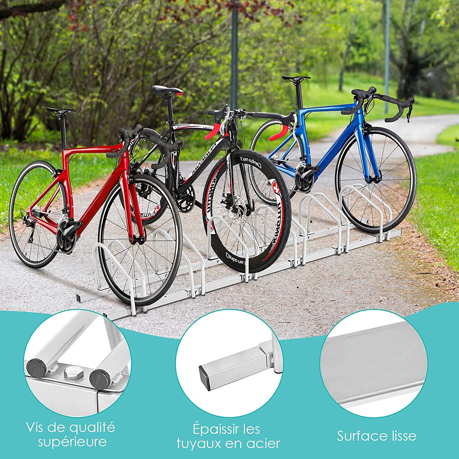 Râtelier 6 Vélos En Acier Fixation Au Sol Ou Mur 180x32.5x26cm