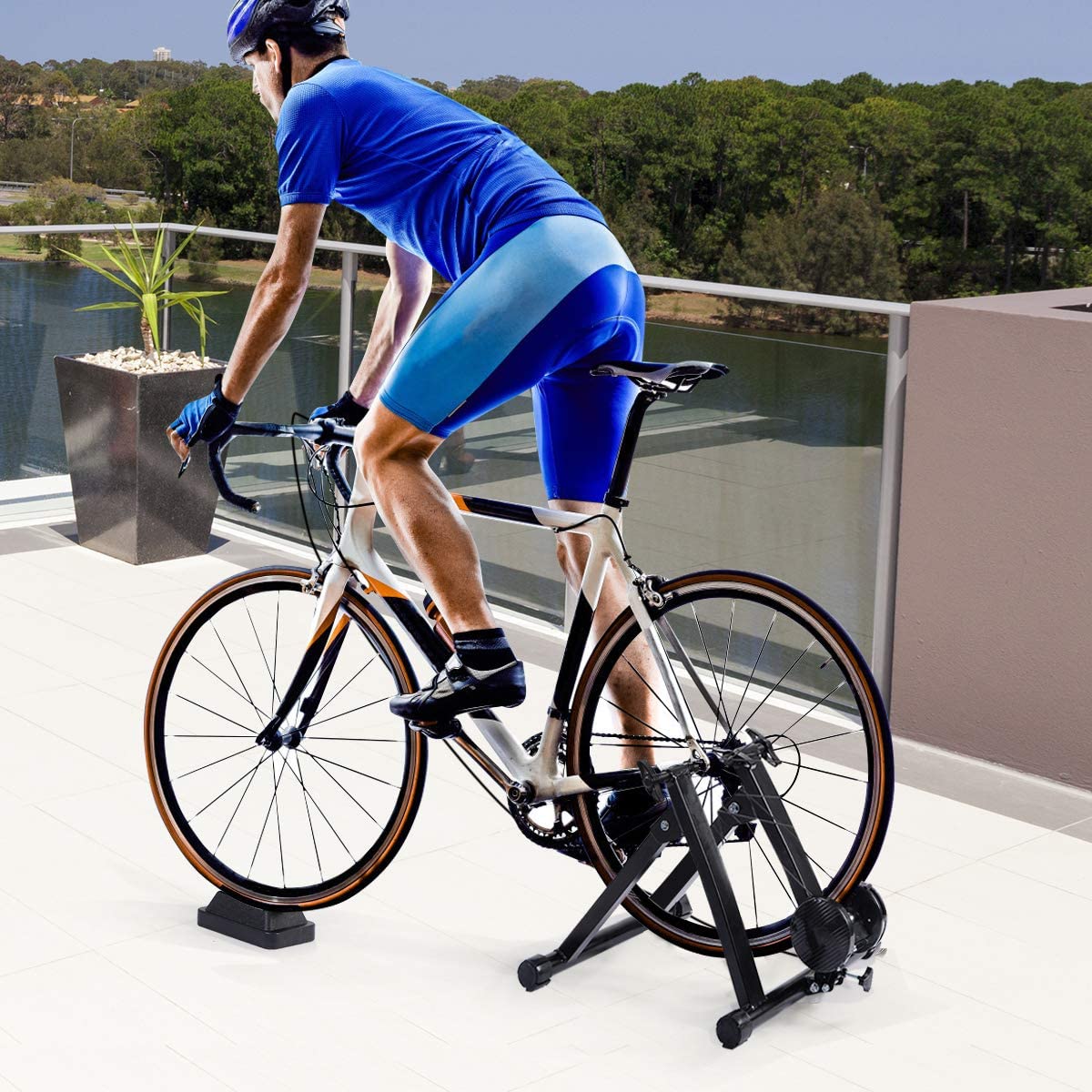 Costway Home Trainer Magnétique Pliable Avec 8 Niveaux De Résistance Pour Roue 26-28’’ En Acier Charger Max 150kg Noir