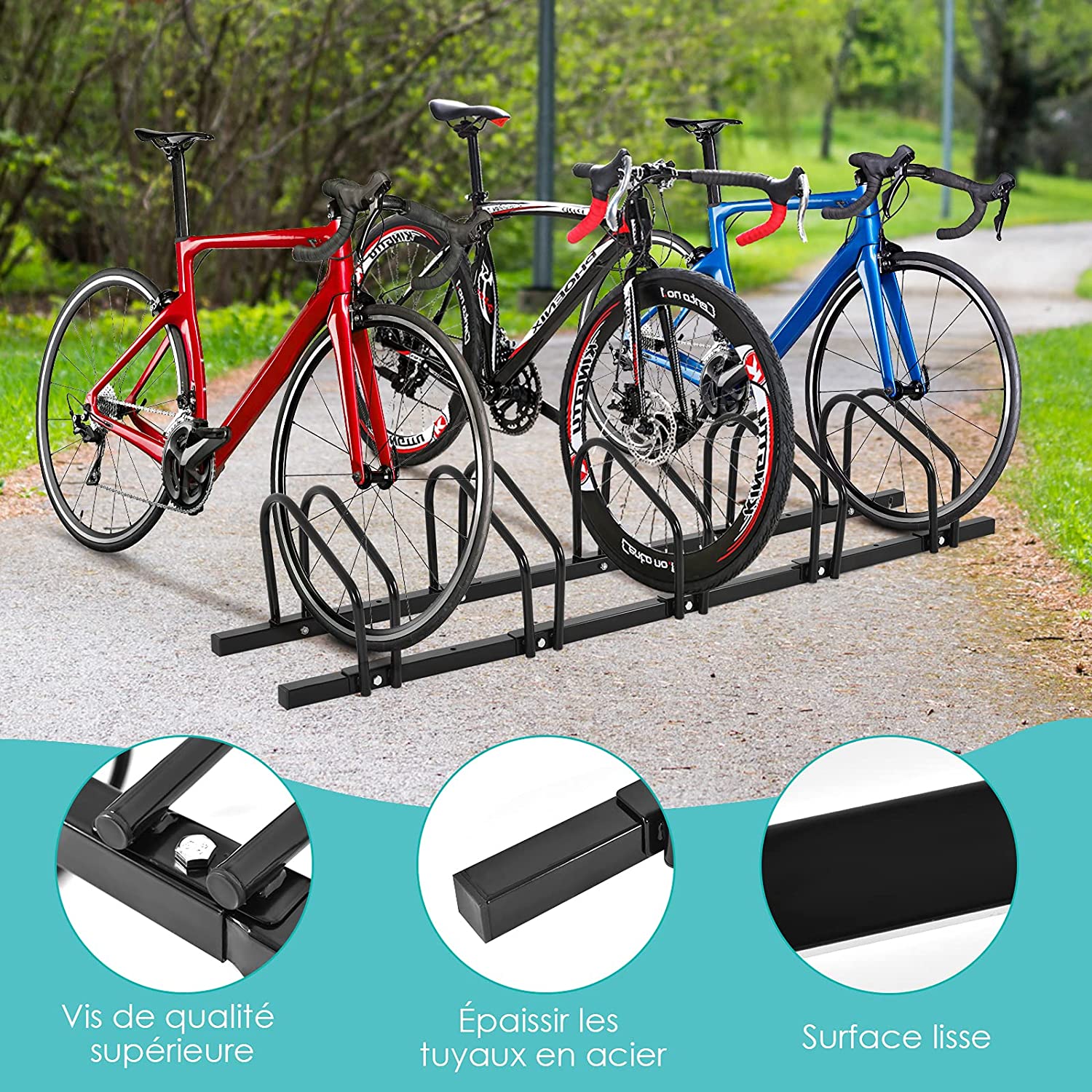 Râtelier 5 Vélos En Acier Fixation Au Sol Ou Mur 150x32.5x26cm Résistant Aux Intempéries Antirouille Ecole Commerce Noir