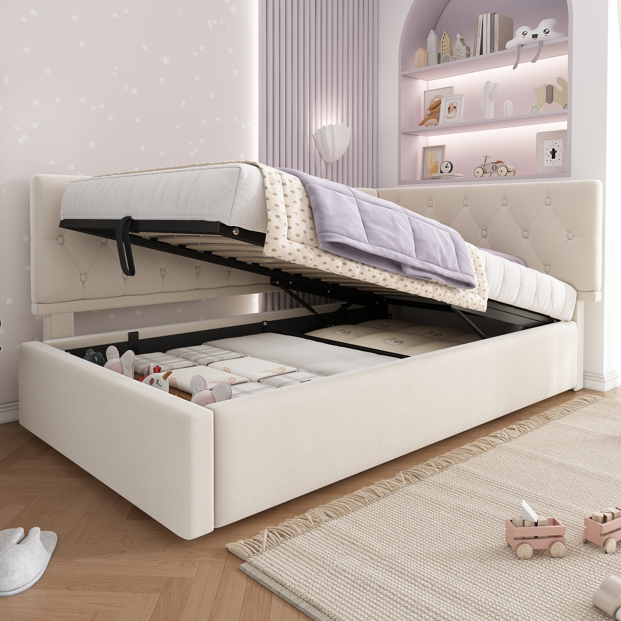 Canapé-lit 90 X 190 Cm, Avec Espace De Rangement Hydraulique, En Velours, Couleur Beige.