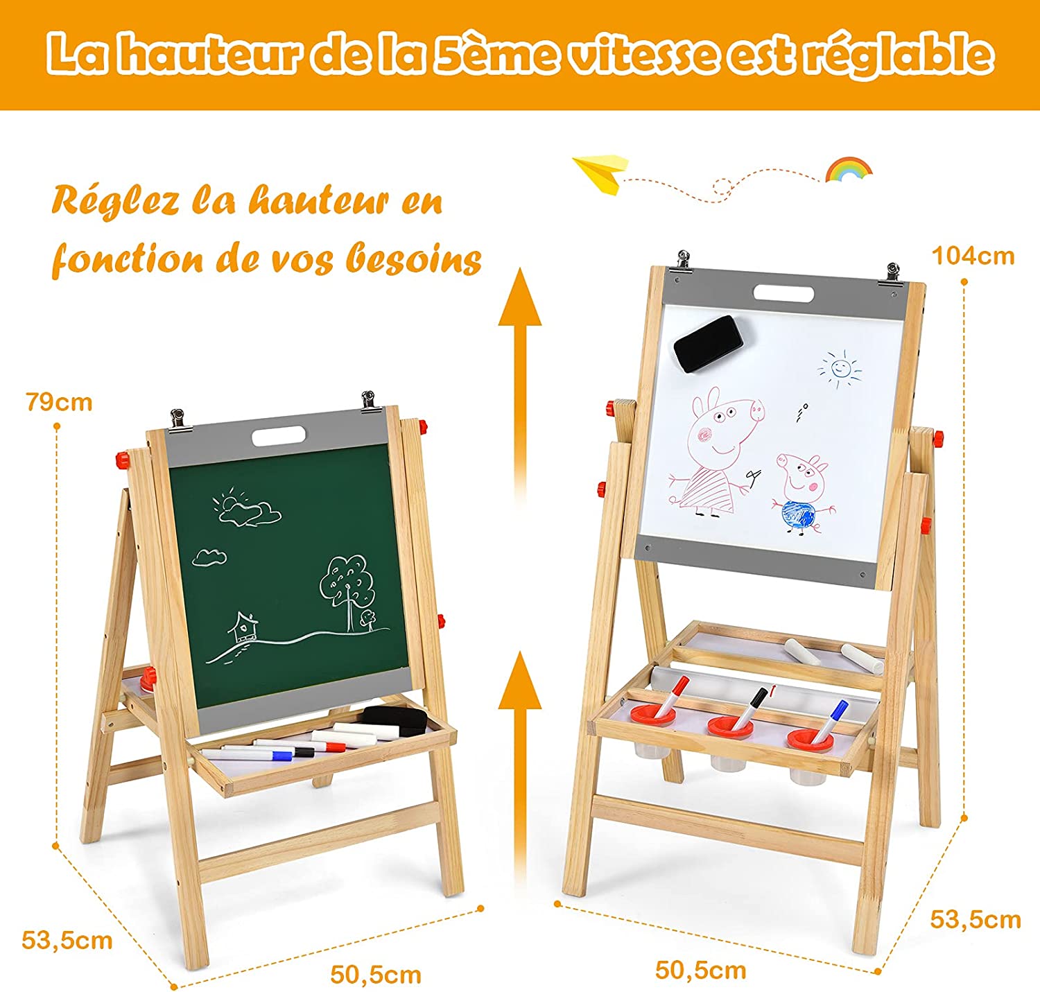 Chevalet D’art 3-en-1 Pour Enfants De 3+ans Avec Hauteur Réglable Sur 5 Positions