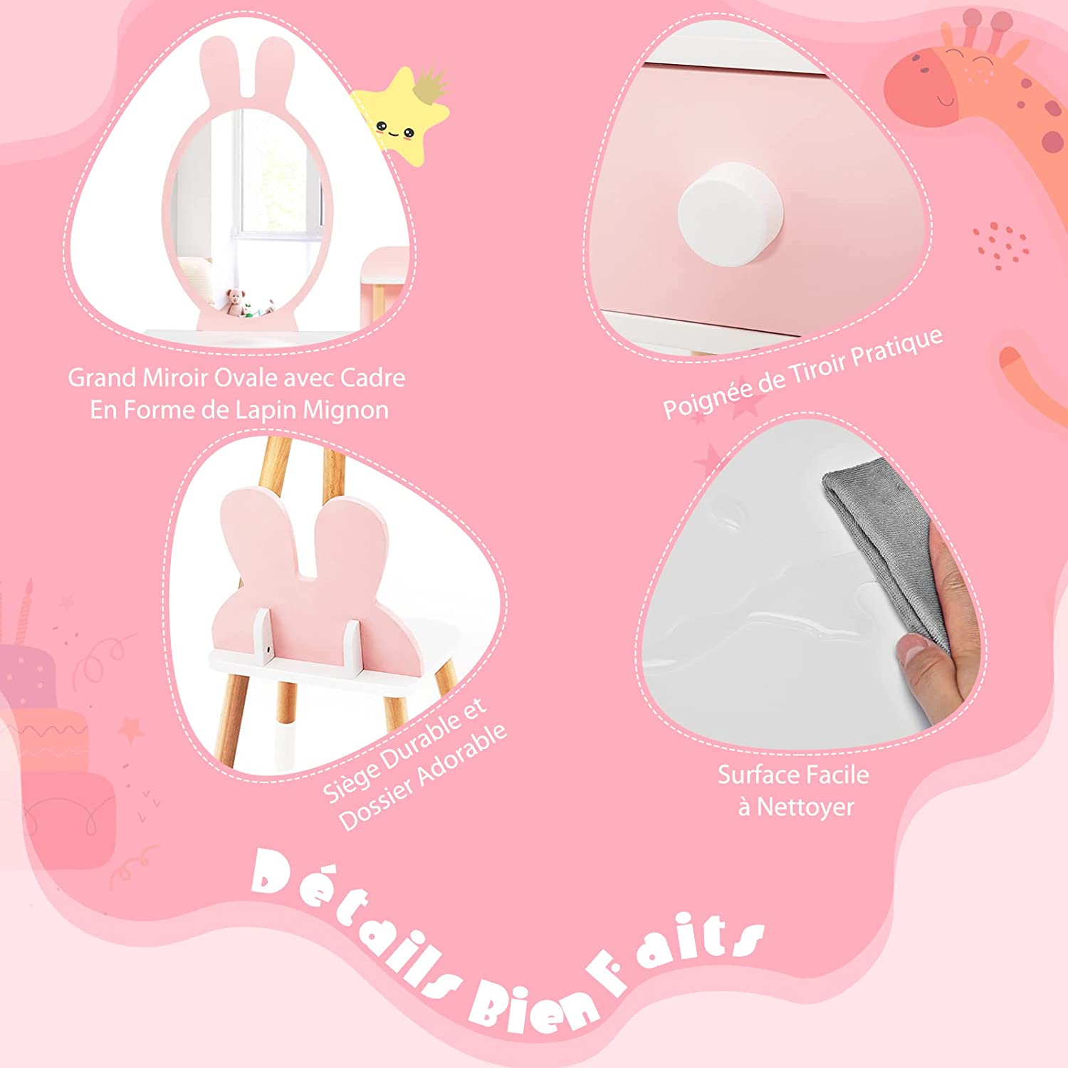 Coiffeuse Enfant 2 En 1 Avec Miroir En Forme Lapin,table De Maquillage En Bois Avec Tabouret Mignon
