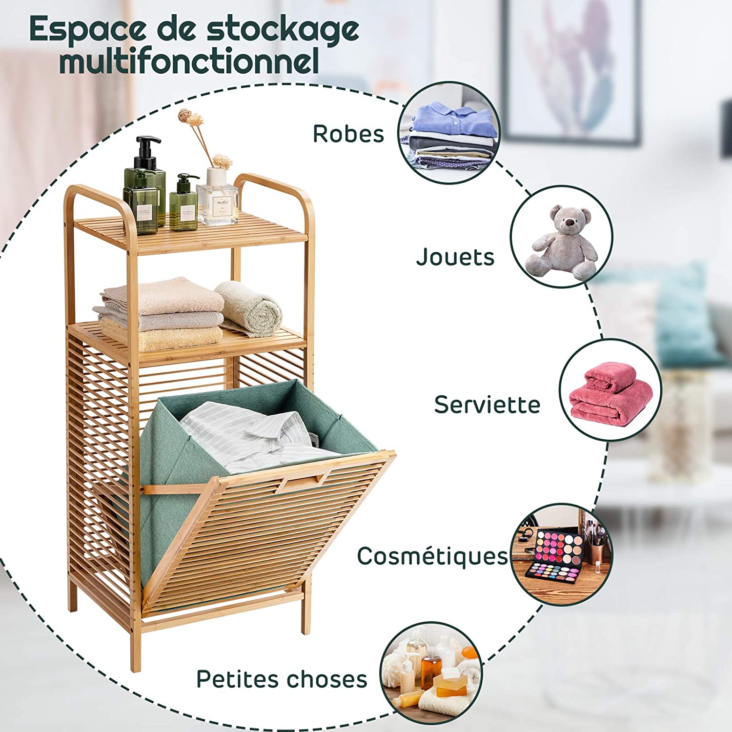 Costway Panier De Linge En Bambou Avec Corbeille En Tissu Oxford Inclinable Et Amovible 2 Etagères