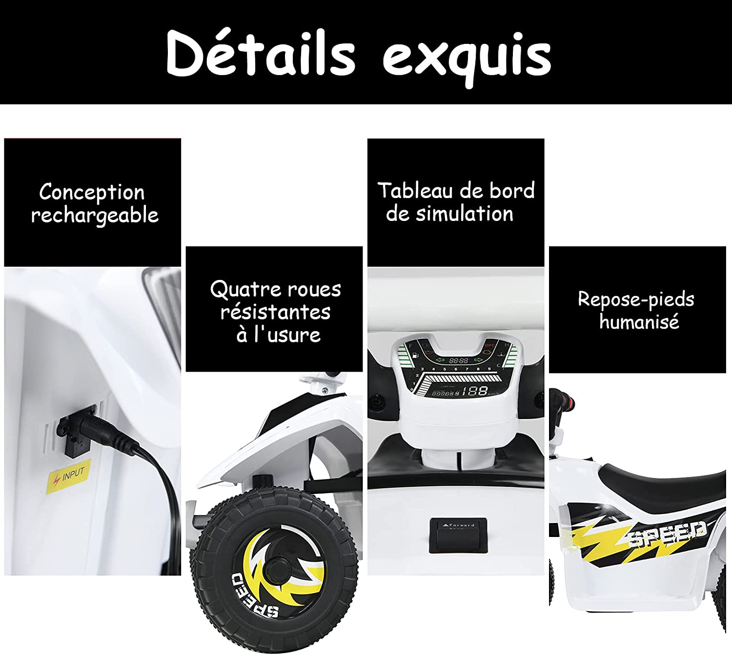 Quad Buggy Electrique Pour Enfant 6 V 4,5 Km-h Max. Voiture Pour Enfants De 3ans+ Blanc