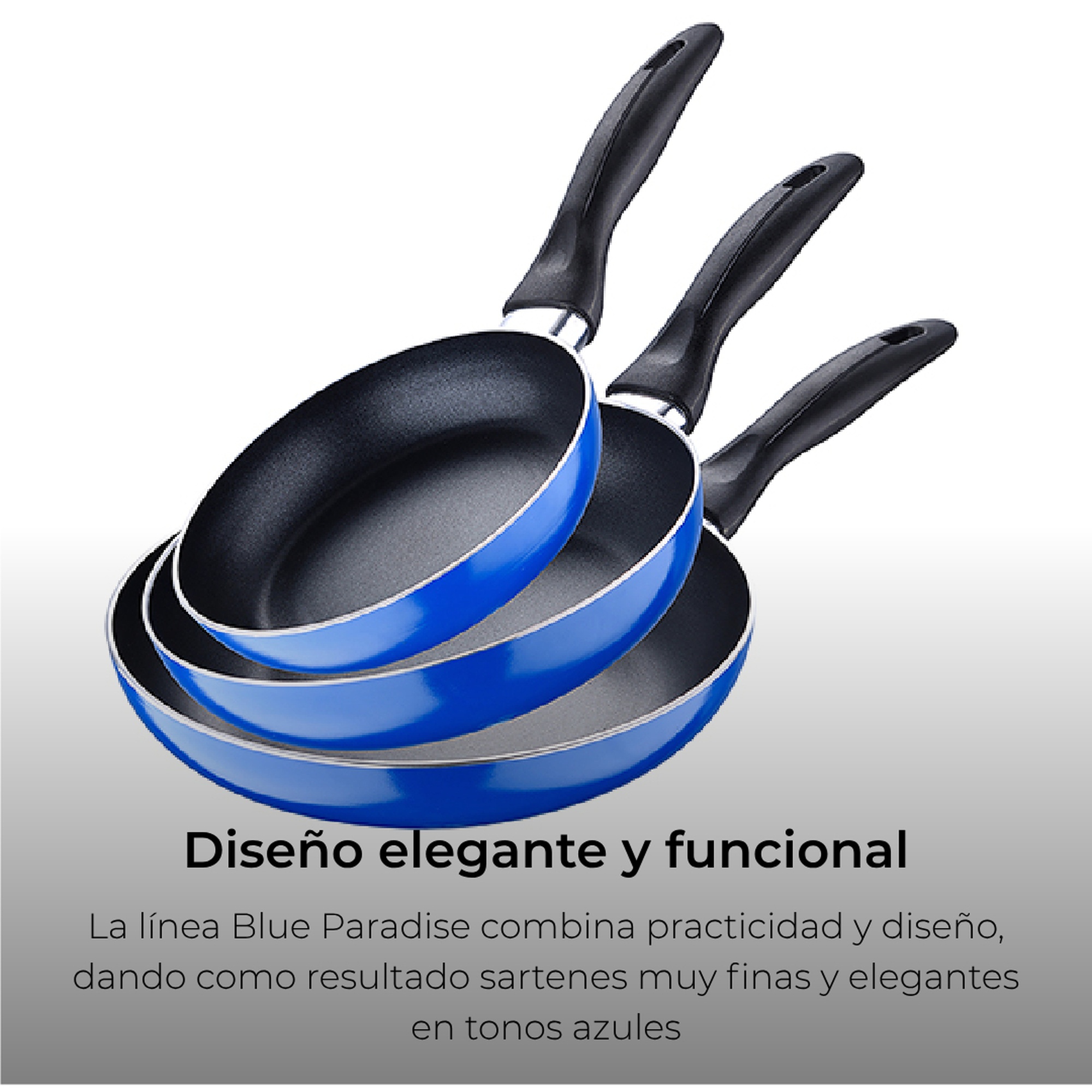 Set 3pc Poêles À Frire (16+20+24cm) Ind Aluminium Pressé Bleu Marine Paradise