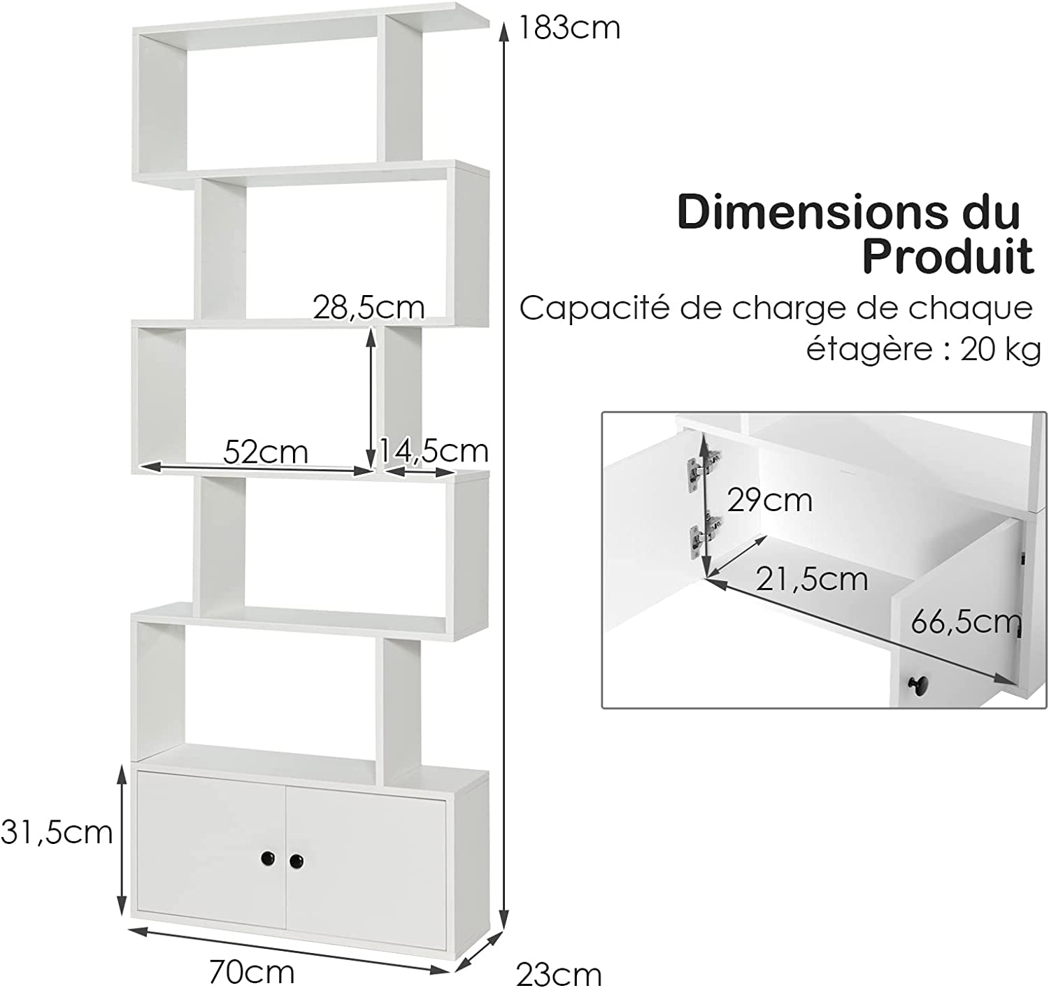 Bibliothèque À 6 Niveaux Avec 2 Portes-70 X 23 X 183 Cm-étagère De Rangement