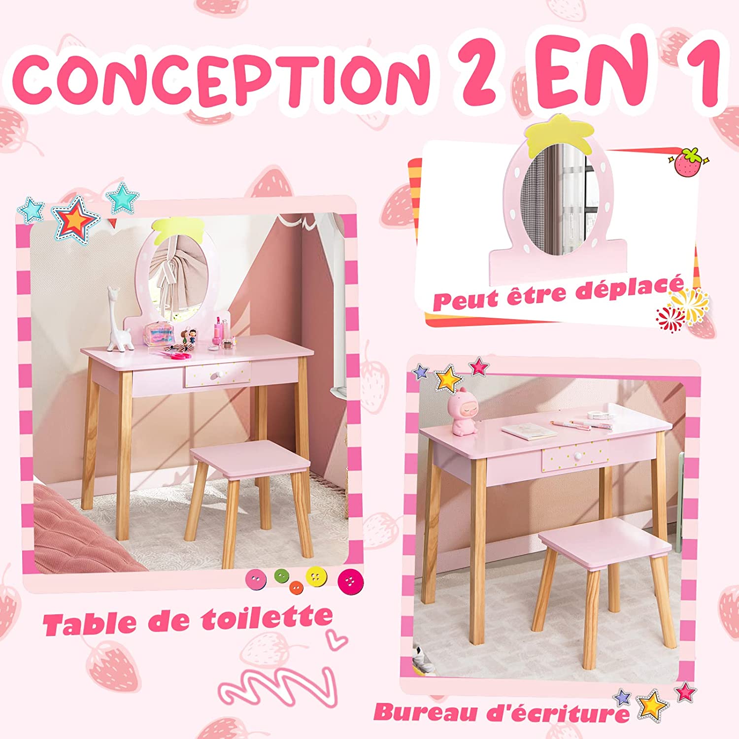 Coiffeuse Enfant Fille Avec Miroir Amovible, Table Maquillage 2 En 1 Avec Tabouret, Tiroir Et Peigne