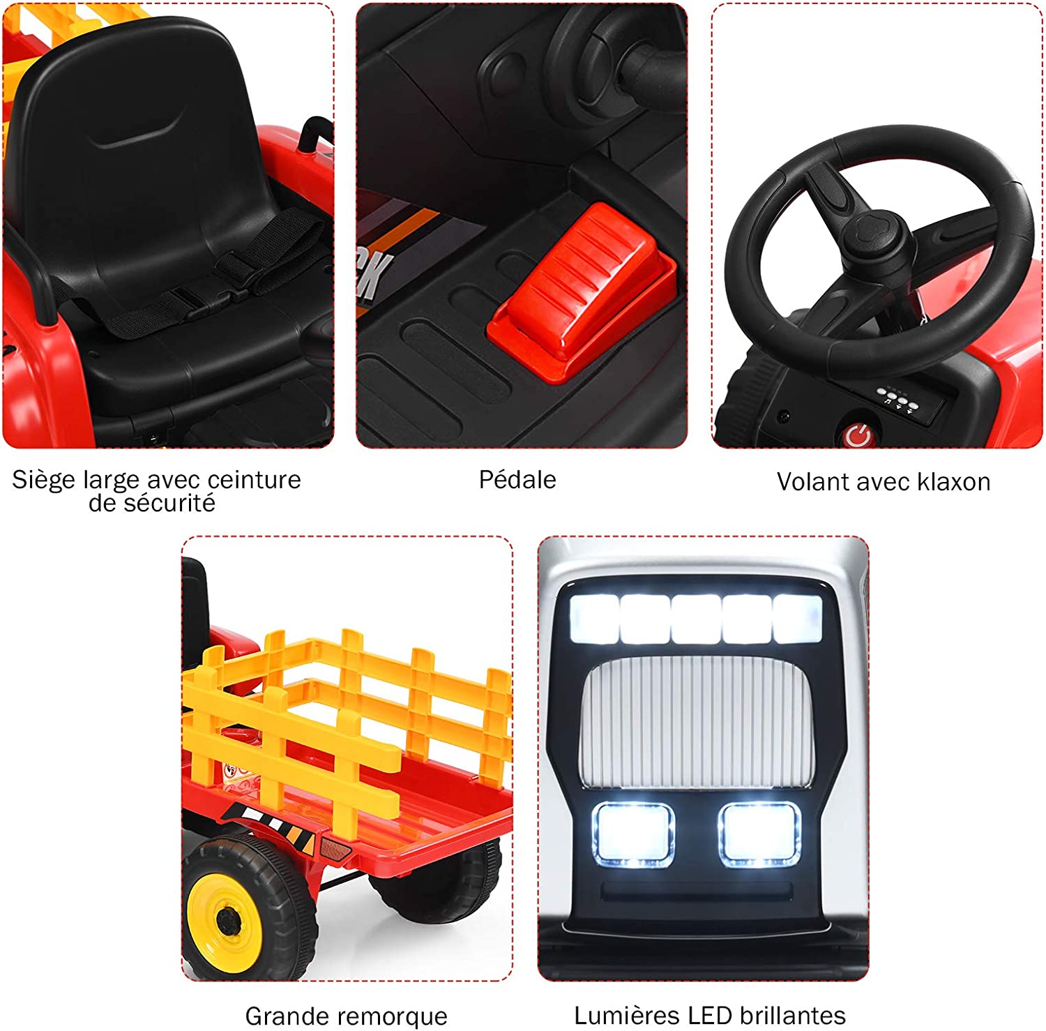 Costway Tracteur Avec Remorque Electrique Pour Enfants 12 V Avec Télécommande 2,4g Avec Led