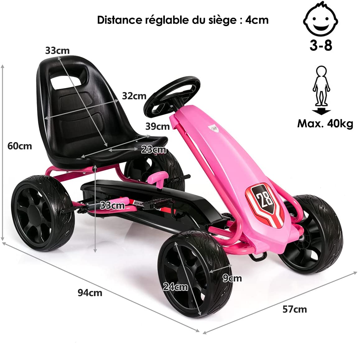 Kart À Pédales Go-kart Avec Siège Réglable Ergonomique Et Frein À Main En Acier Pour Enfants De 3 À 8 Ans Rose