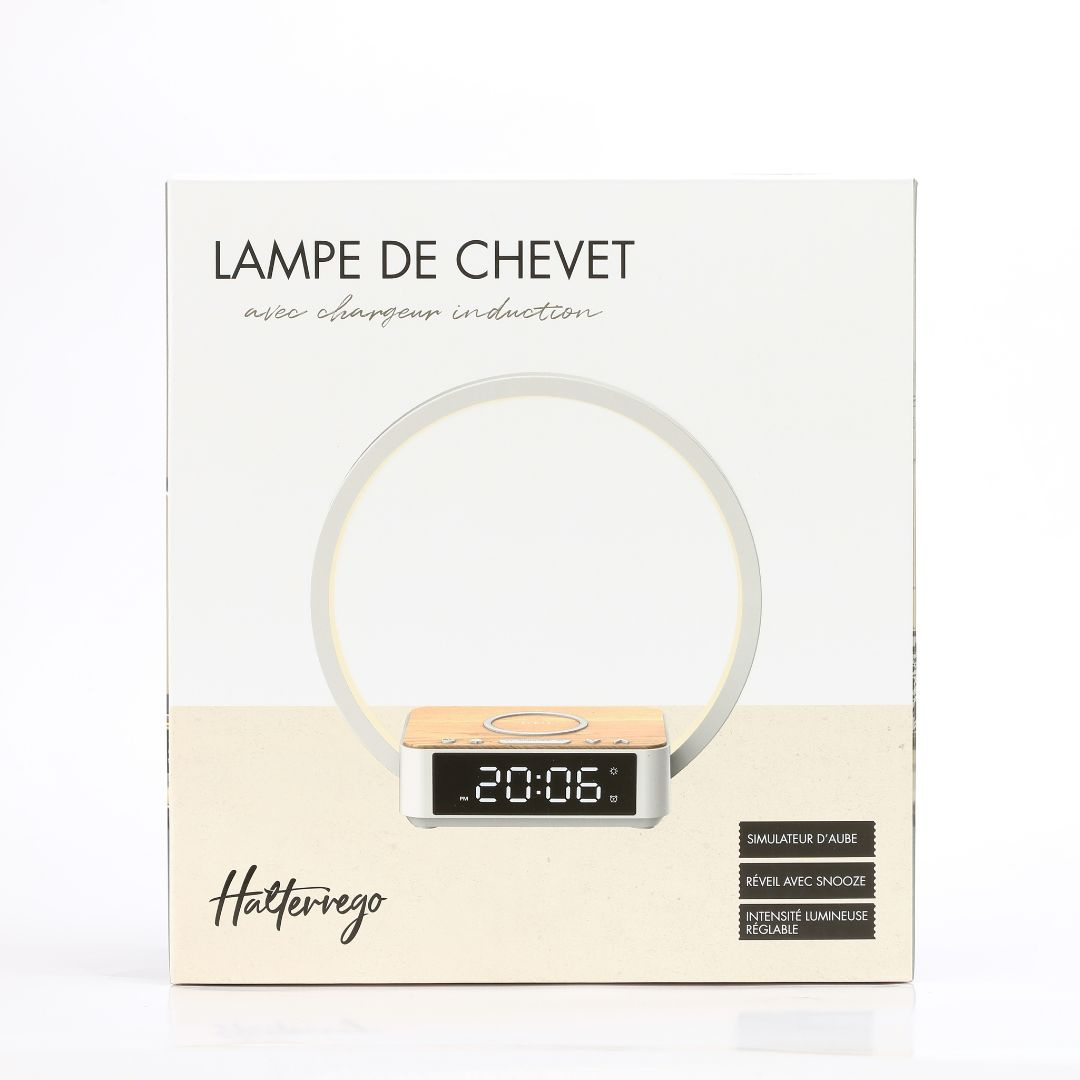 Lampe de chevet avec chargeur induction certifié Qi à 10W,  fonction réveil, lumiosité réglable, affichage l'heure