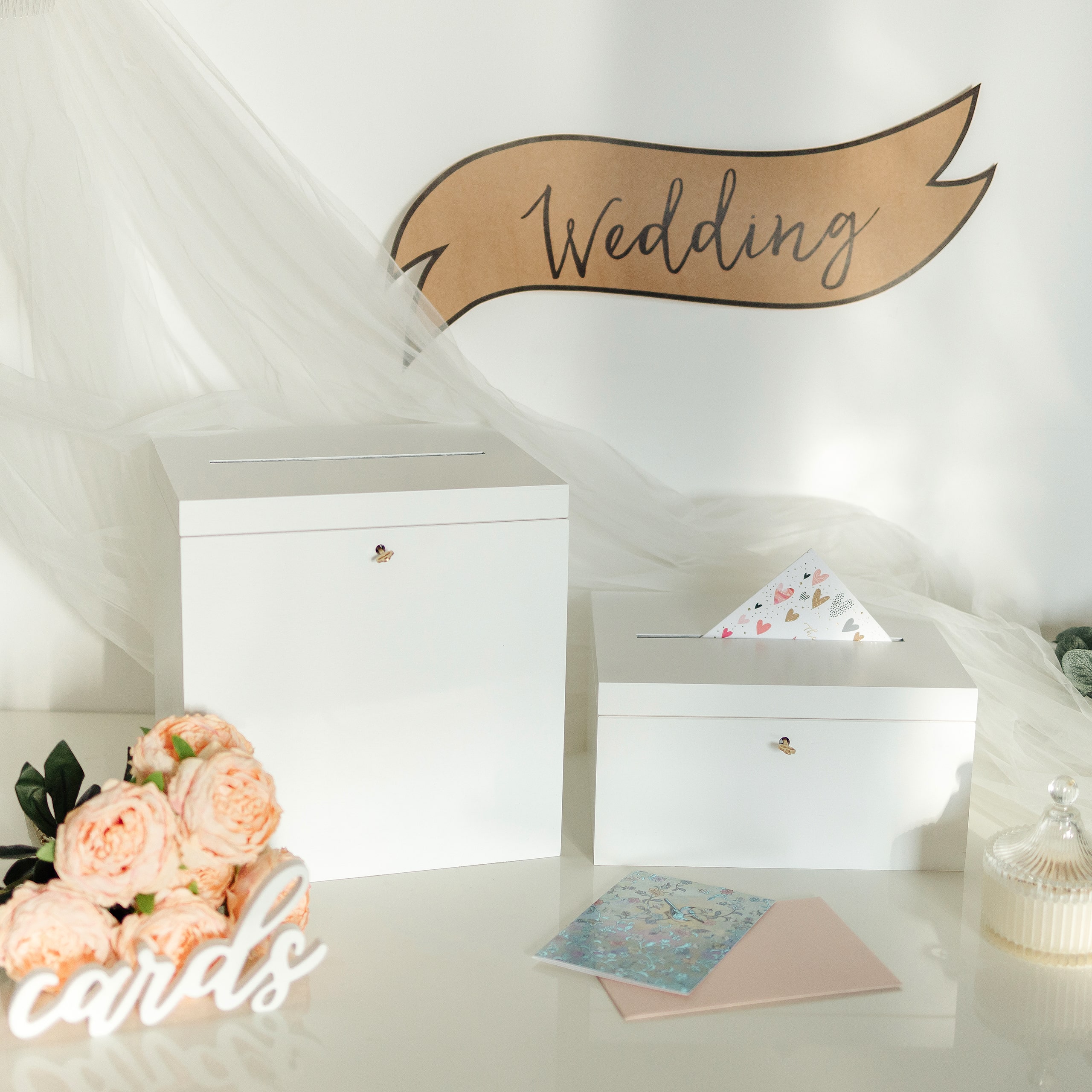 Creative Deco Boite Bois Enveloppes Blanc | 29 X 25 X 15 Cm | Couvercle Et Clé | Mariage | Boite Souvenirs Cartes
