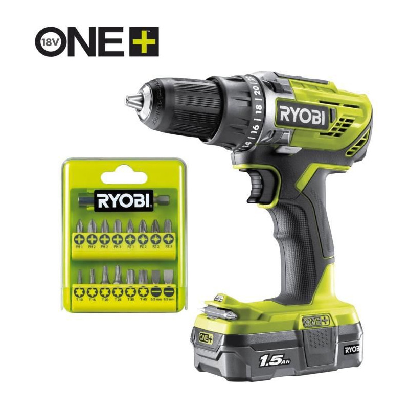 Ryobi Perceuse-visseuse 18v - 2 Vitesses - Livrée Avec 1 Batterie 1,5 Ah, 1 Chargeur 1,5a Et 17 Accessoires De Vissage