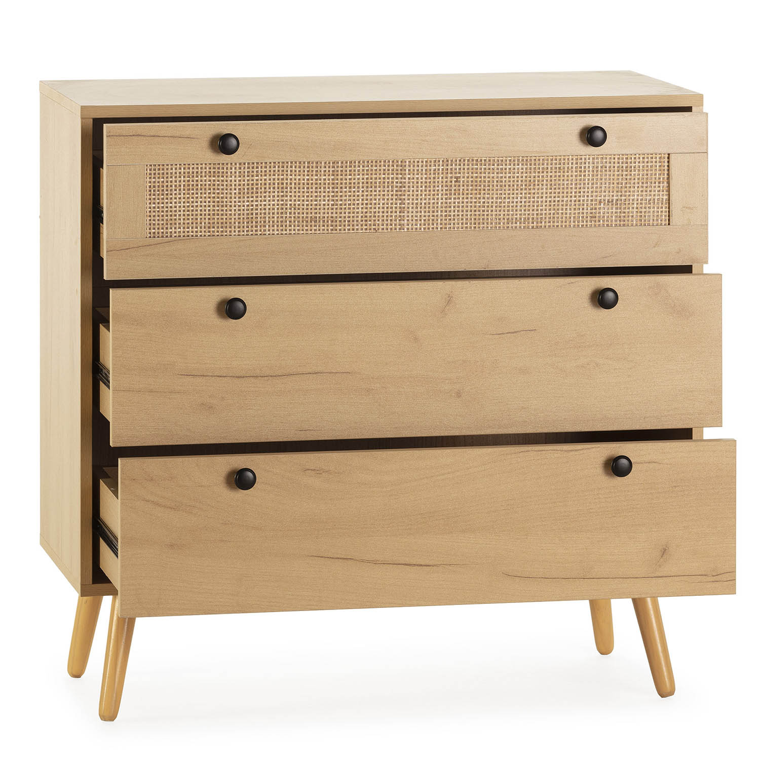 Commode Nuit Bella 3 Tiroirs Couleur Chêne Avec Rotin Naturel