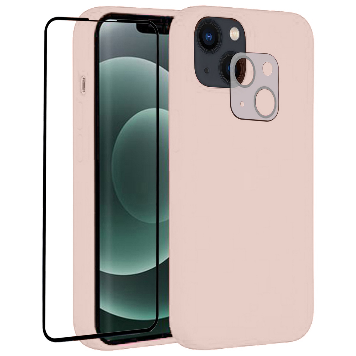 Verre Trempé Avec Bordures Noires Pour Iphone 14 + Verre Trempé Caméra Arrière + Coque Souple Silicone Rose-visiodirect