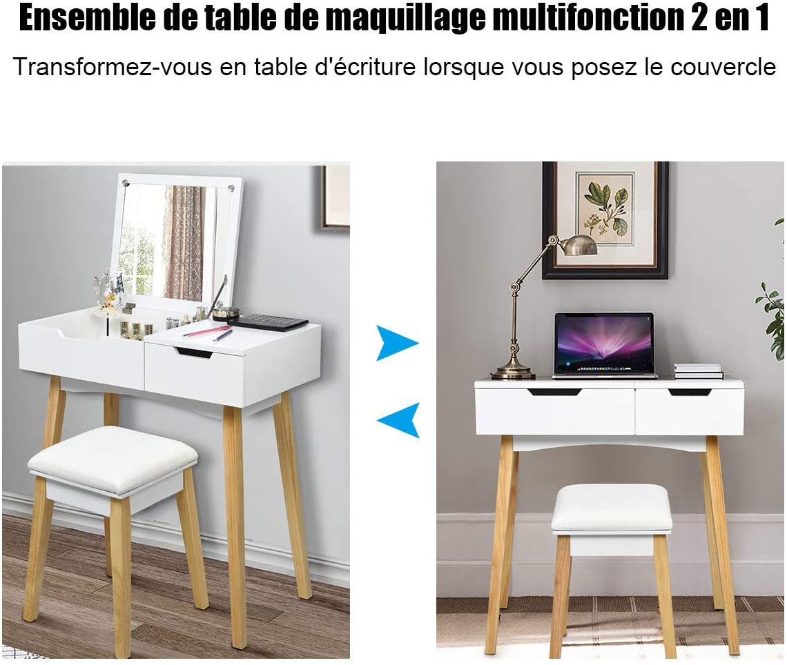 Costway Coiffeuse, Table De Maquillage Avec 1 Miroir Carré Rabattable,1 Tabouret Capitonné