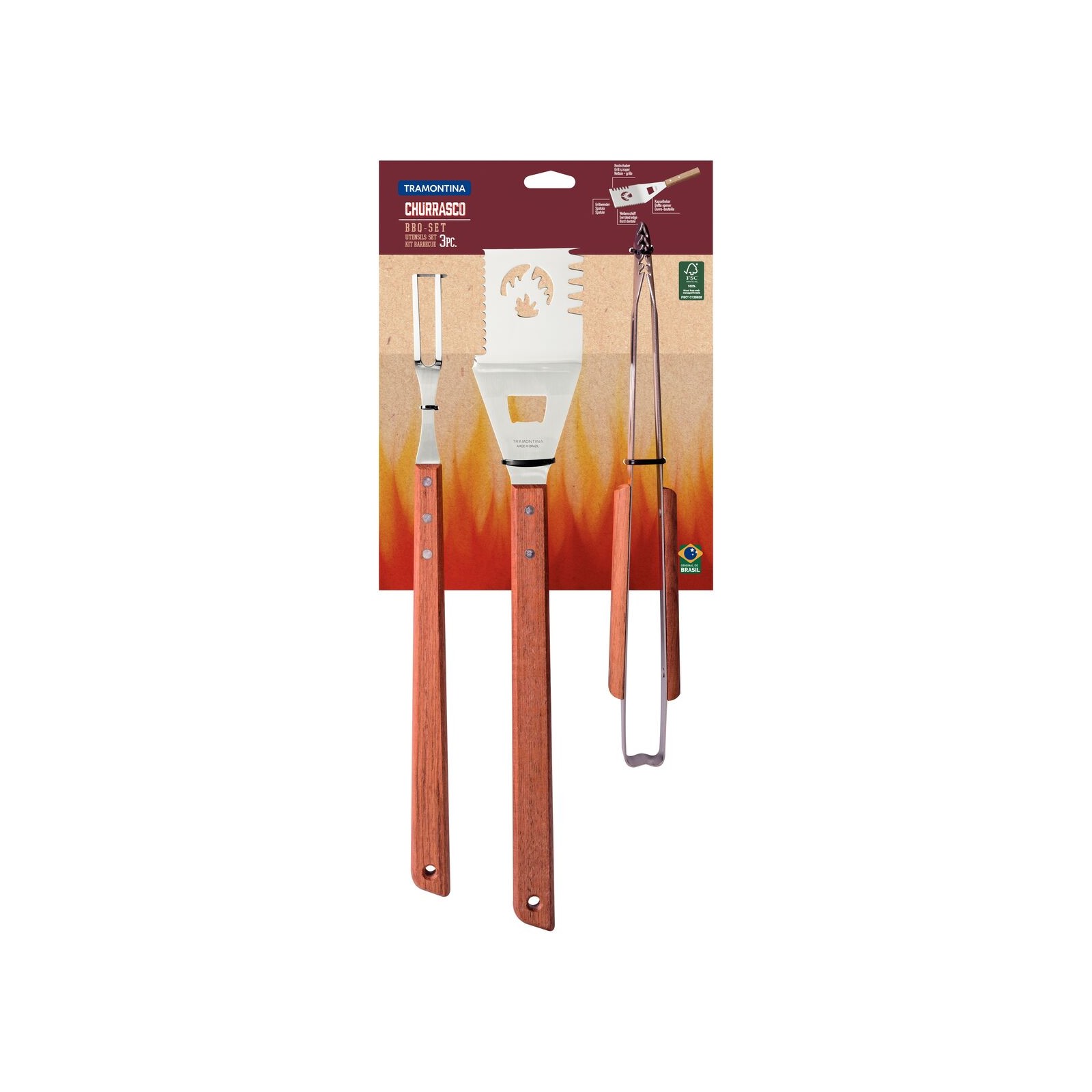 Kit D'ustensiles Barbecue Churrasco, 3pcs, Inox Et Bois Tramontina