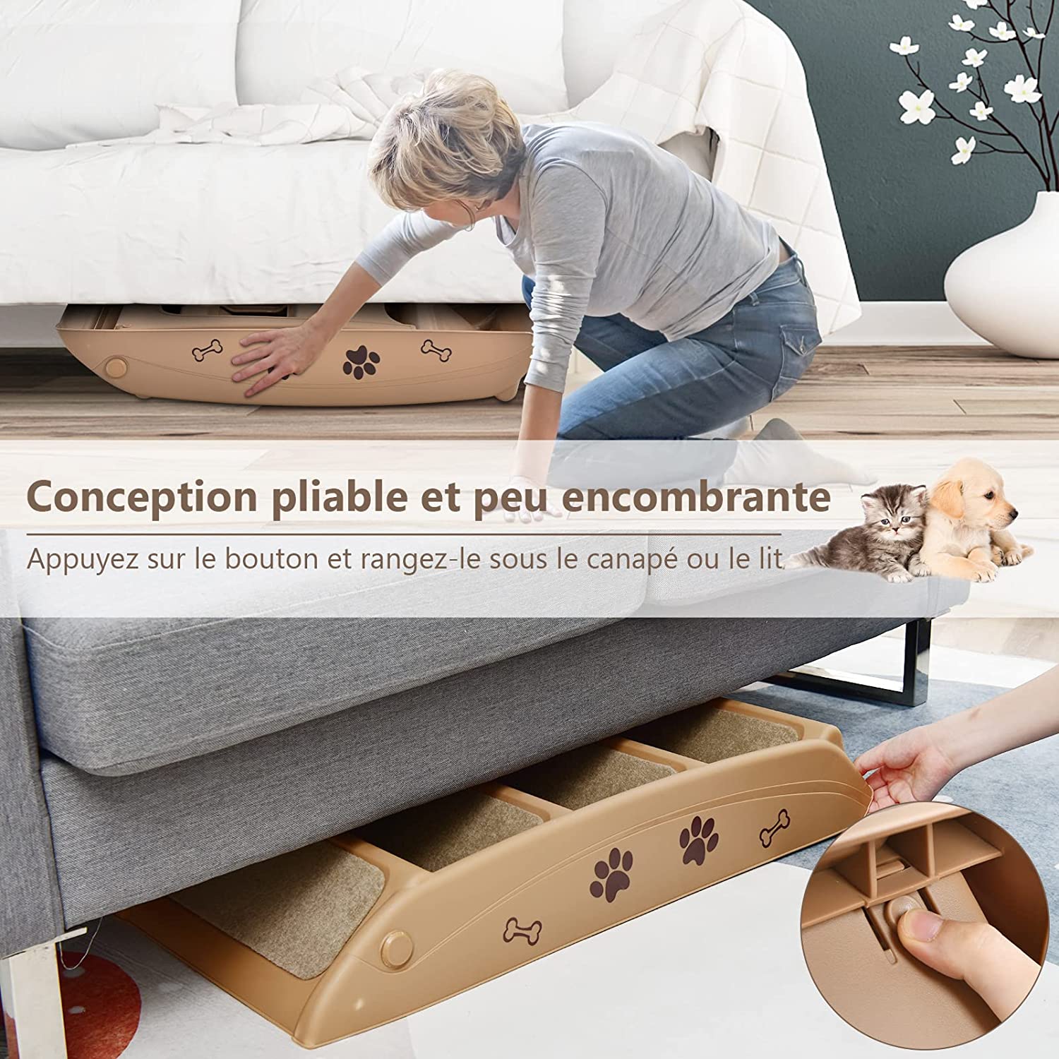 Escalier Pour Chien Pliant À 4 Marches En Plastique Charge 60kg 64 X 39 X 49 Cm