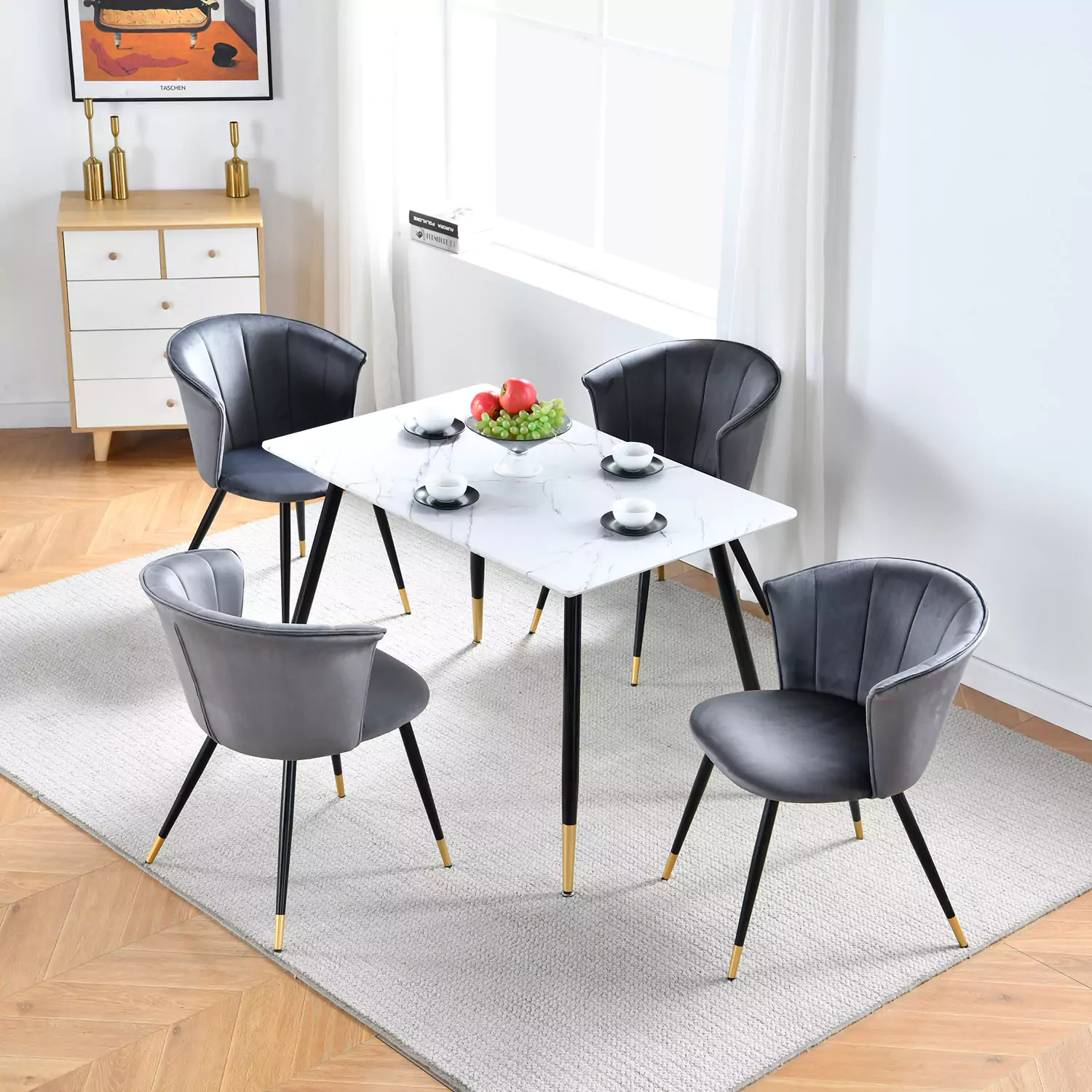 Chaises de salle à manger modernes rembourrées en velours bleu, ensemble de 4 | Homary