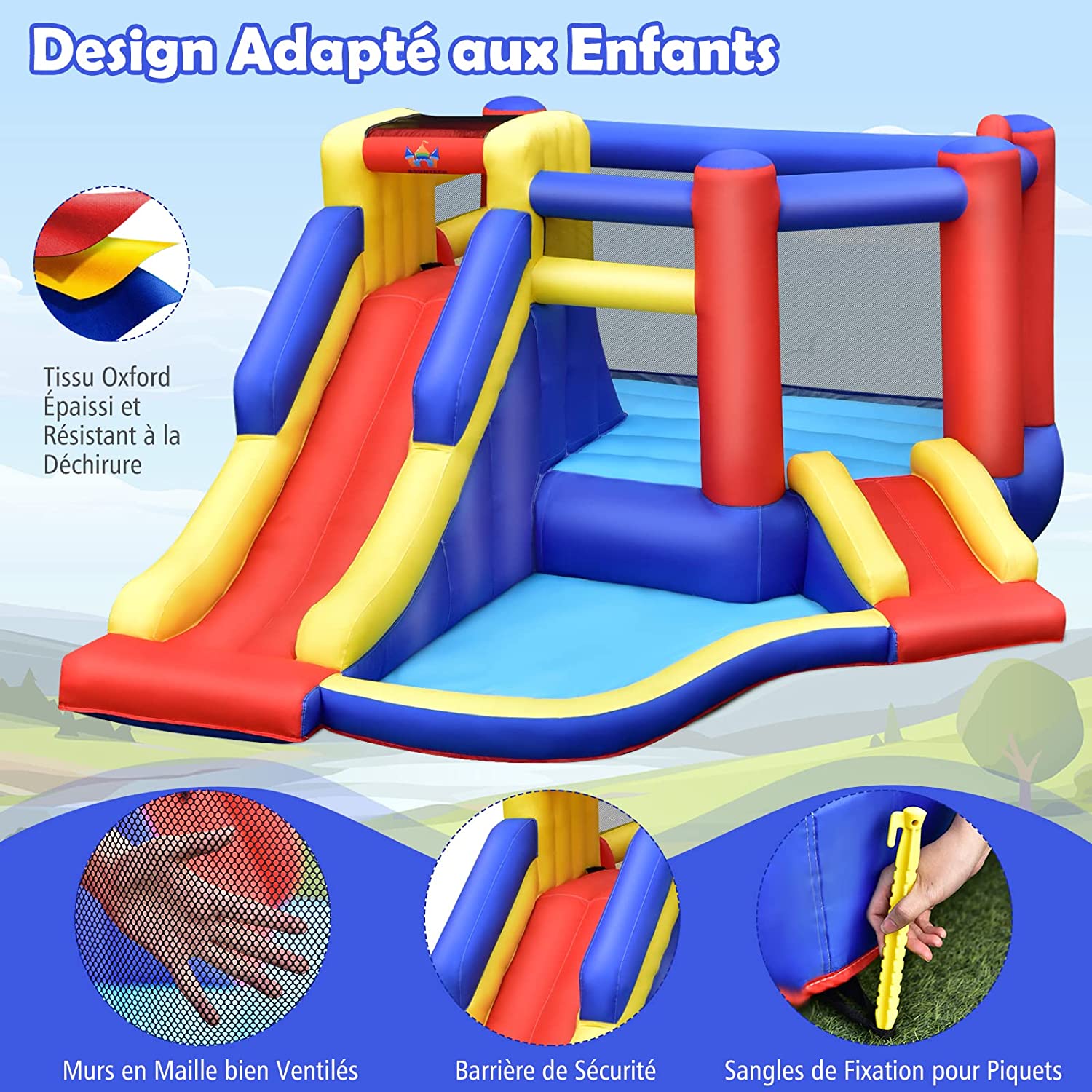 Château Gonflable 5 En 1 – Toboggan, Mur D'escalade, Piscine à Balles, Panier, Aire De Saut – 180 Kg – 3-10 Ans – Tissu Oxford