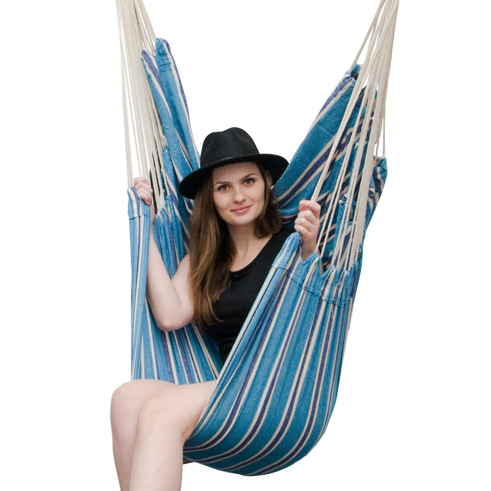 Hamac Suspendu Pour S'asseoir Xxl 185x130cm  100% Coton 150kg Siège Pour Se Balancer Avec Pivot 360° Bleu Rayé