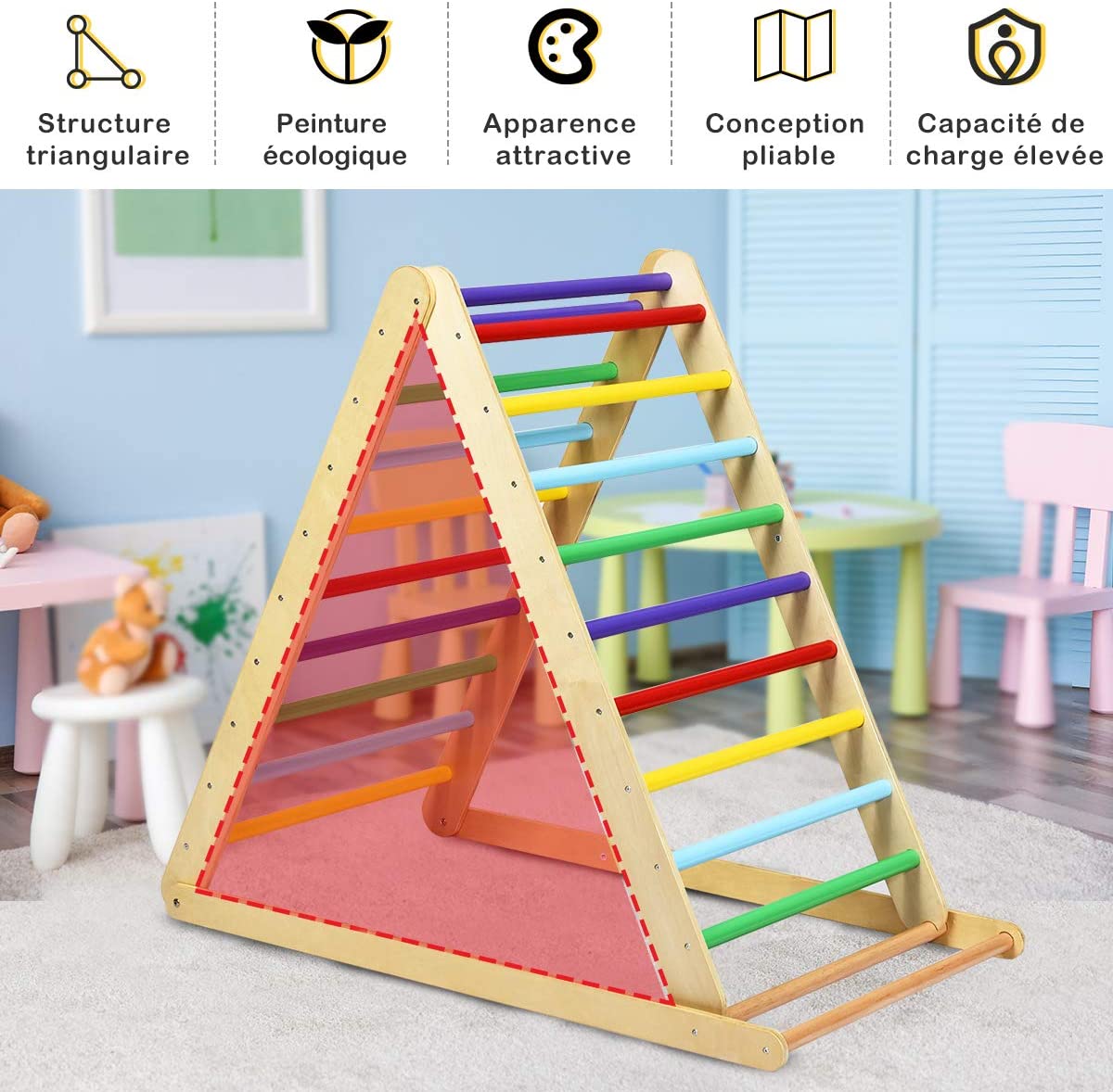 Costway 2 En 1 Échelle D’escalade Pour Enfants, Triangle Escalade En Bois Pliant De Haute Qualité