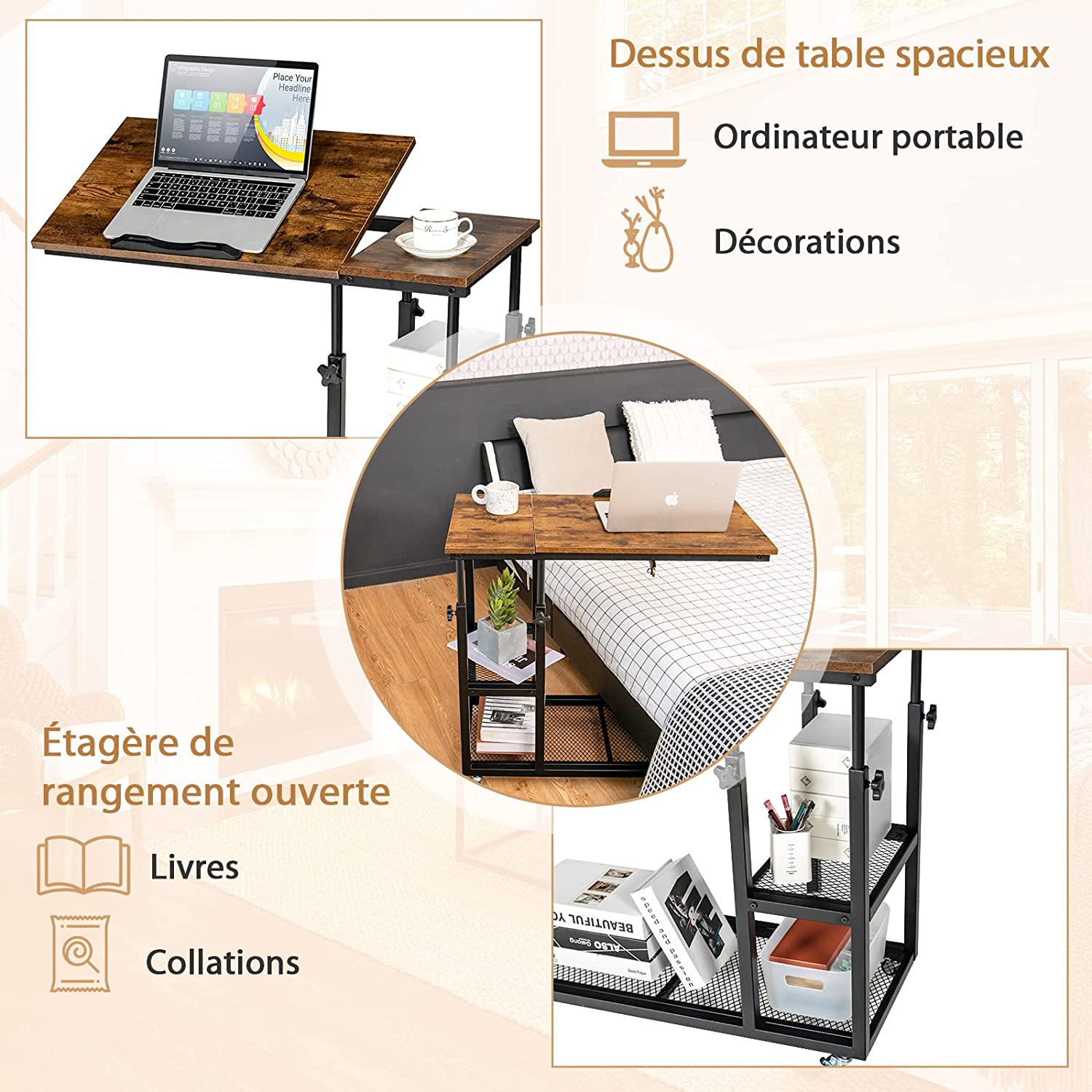 Costway Table D’appoint En Forme De C, Plateau Réglable, Roulettes Verrouillables
