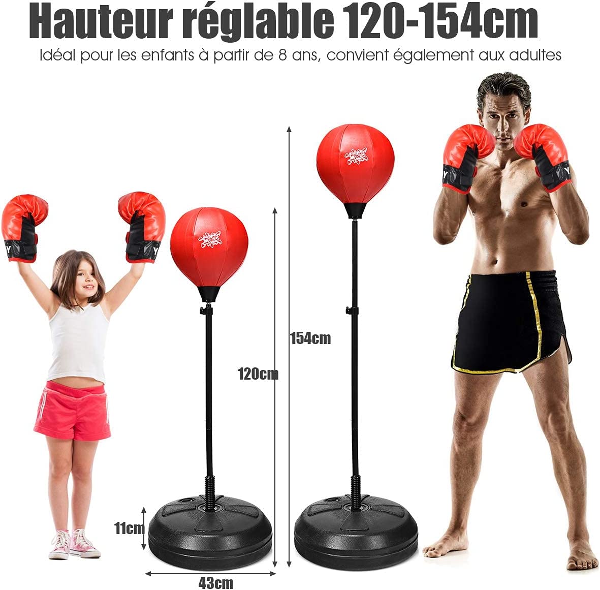 Costway  Punchingball Sur Pied Avec Hauteur Adjustable 120-154cm, Pompe De Gonflage, Pour Enfants 8 Ans+ Et Adultes
