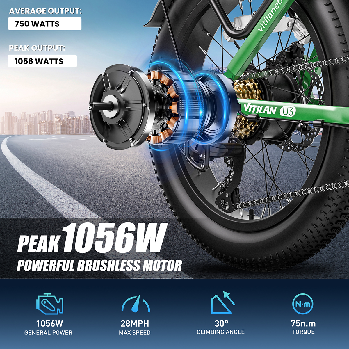 Vélo Électrique Pliant Vitilan U3 - 750 W 48 V 13 Ah - Décolleté V - Vert