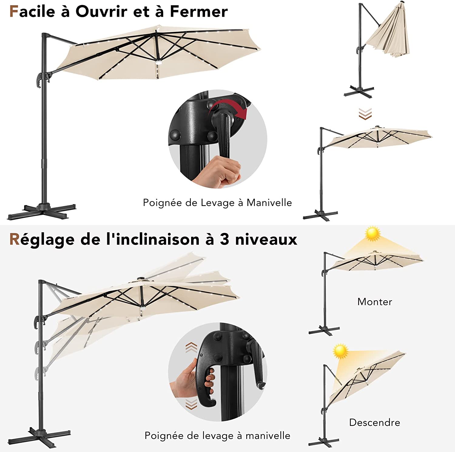 Parasol Extérieur Inclinable 3m Toile Polyester Imperméable - Beige Avec Ventilation