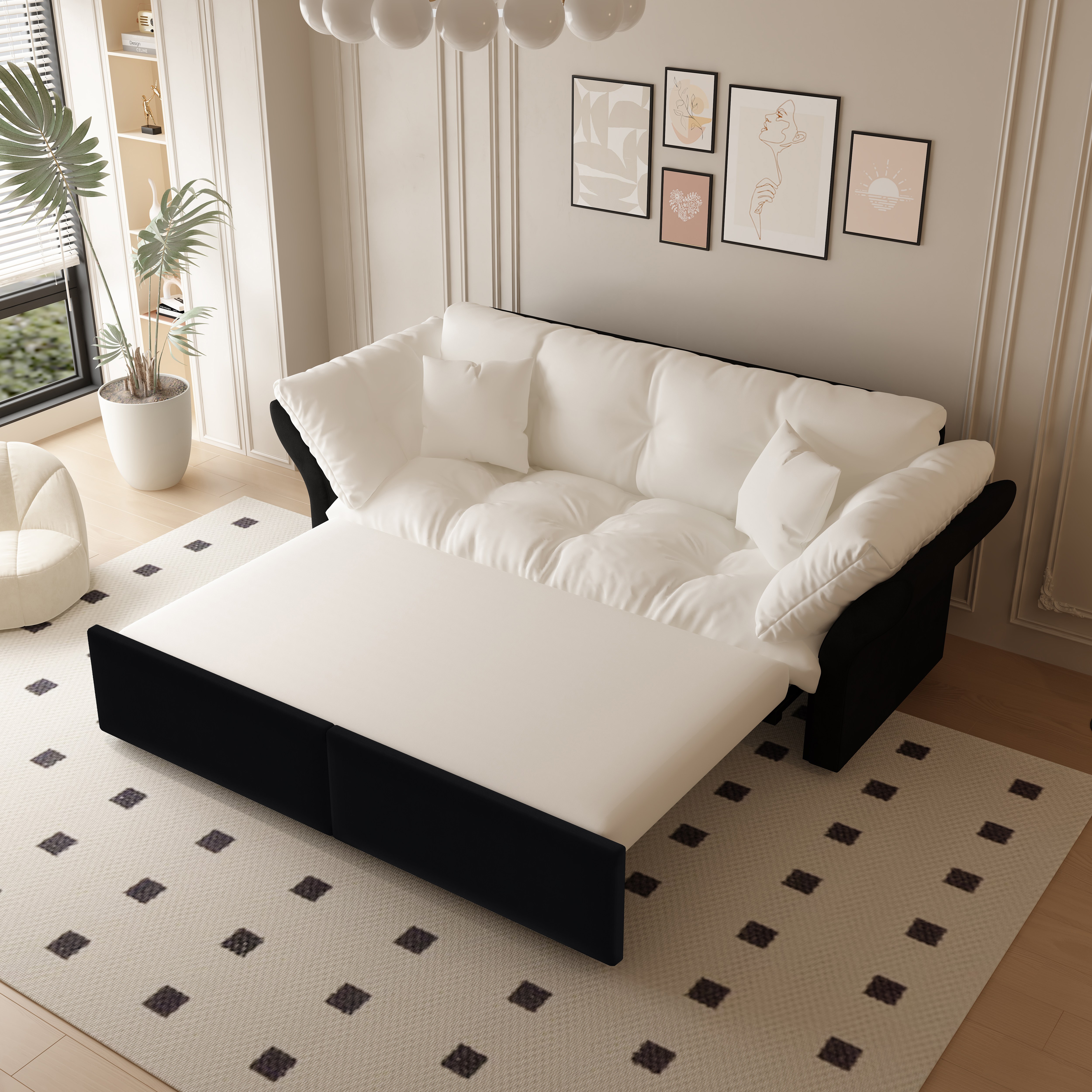 Canapé-lit 3 en 1 190 cm en velours beige avec lit gigogne et 2 coussins pour salon