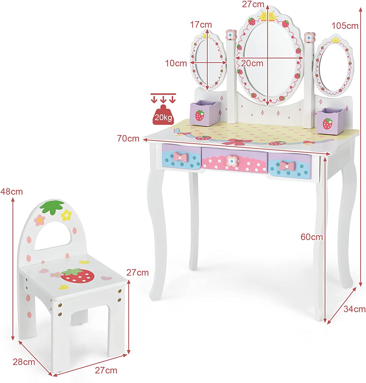 Coiffeuse Pour Enfants Avec Miroir Amovible - 3 Tiroirs - 2 Boîtes - Convertible Bureau