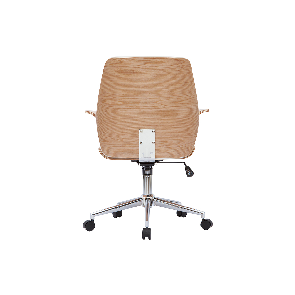 Chaise De Bureau À Roulettes Design Blanc, Bois Clair Et Acier Chromé Rufin
