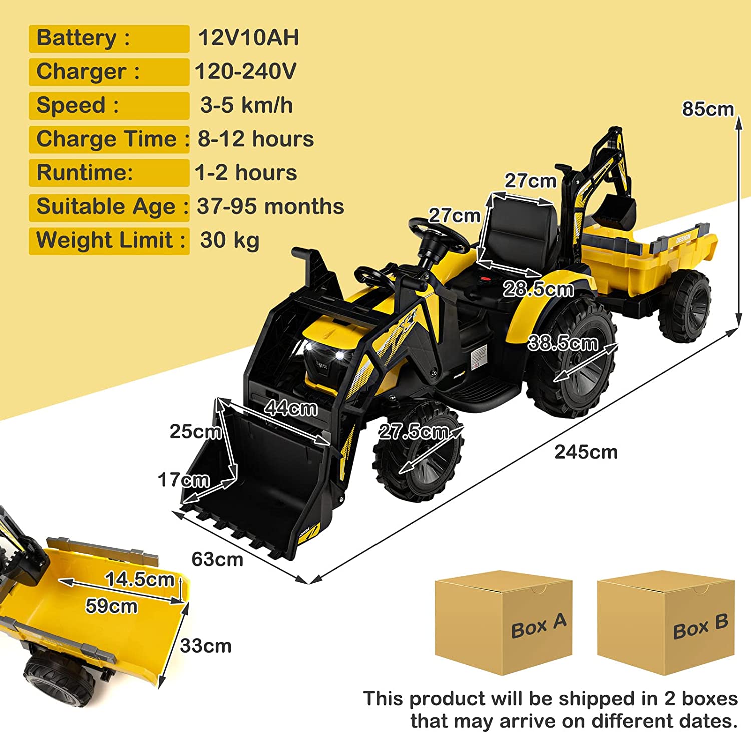 Tracteur Electrique 12 V Pour Enfants 3-5 Km/h Avec Télécommande, Remorque, Godet À Creuser/à Pelle
