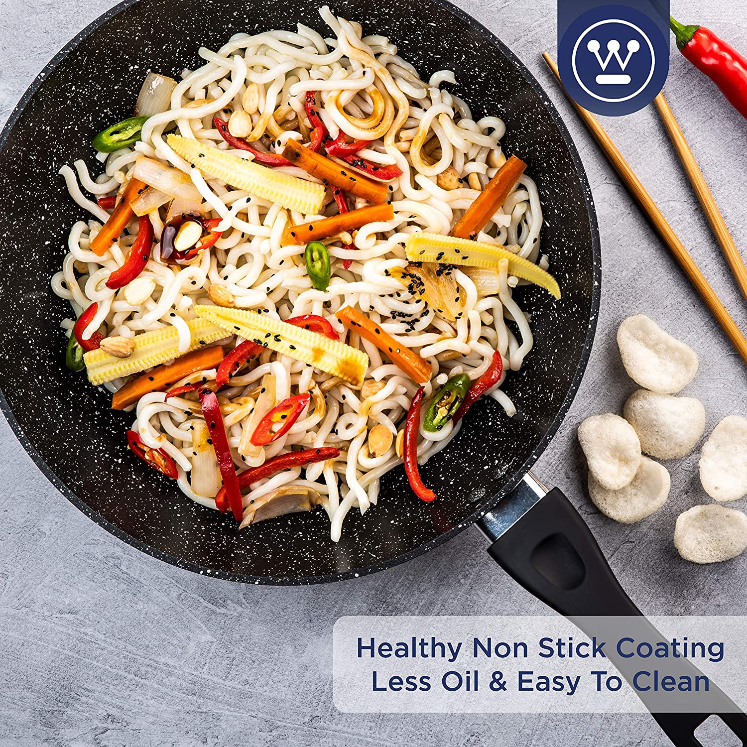 Westinghouse - Poêle Wok 30 Cm - Avec Couvercle - Marbre Noir