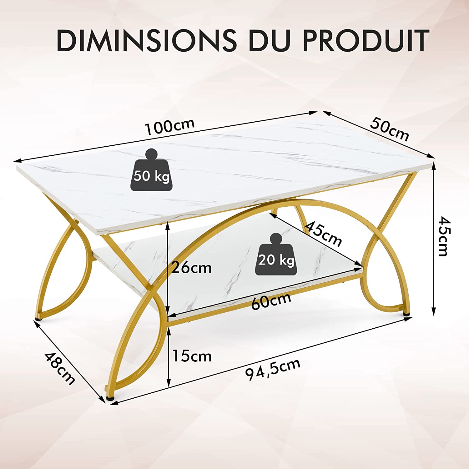 Costway Table Basse Imprimée Marbre À 2 Niveaux 100 X 50 X 45 Cm