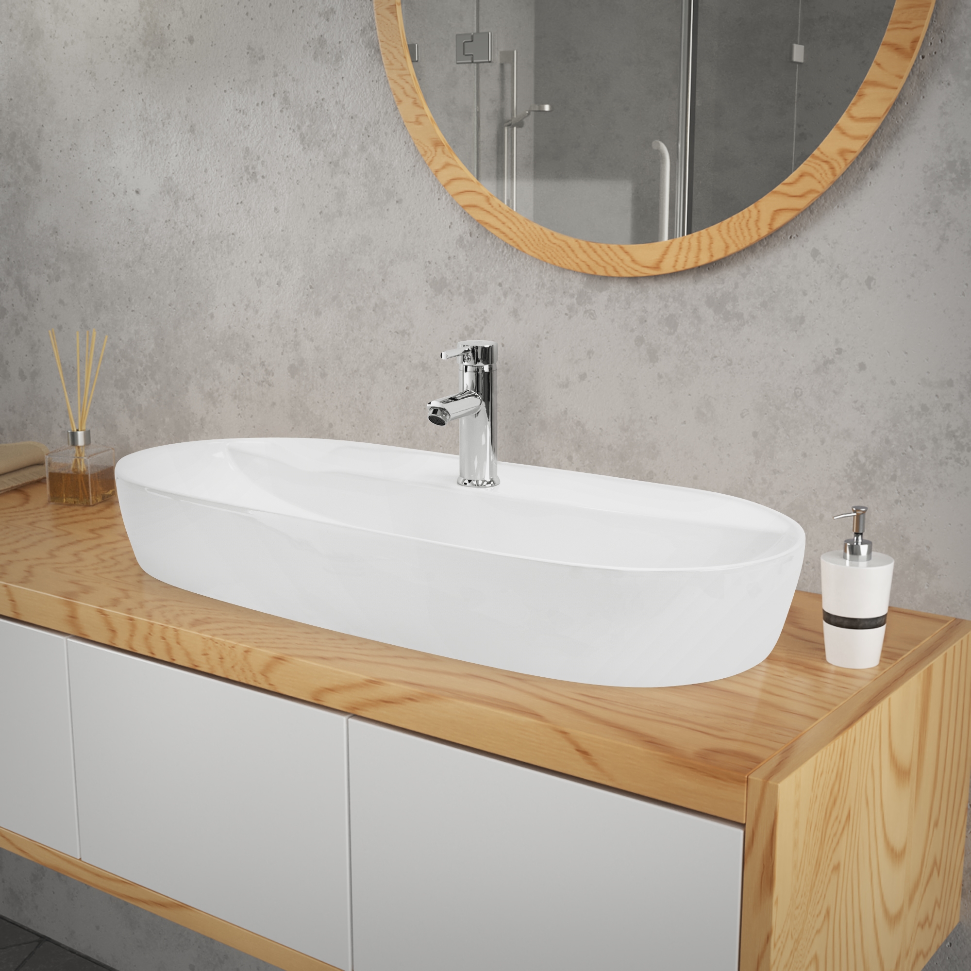 Vasque À Poser En Céramique Blanc Lavabo Avec Garniture De Vidange 800x400x120mm