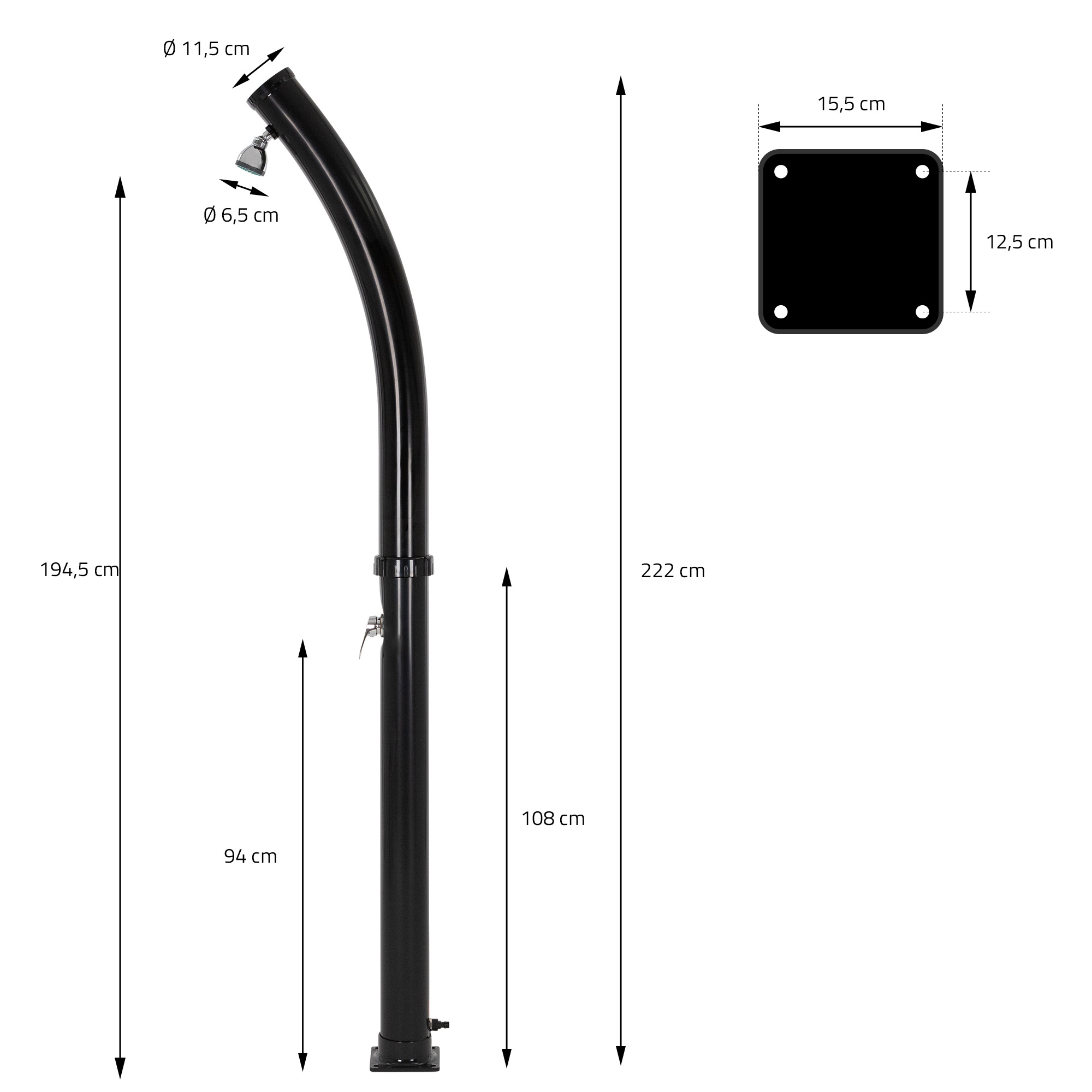 Douche Solaire Noir Courbée 20 L Avec Élément De Sol Pomme De Douche Robinet