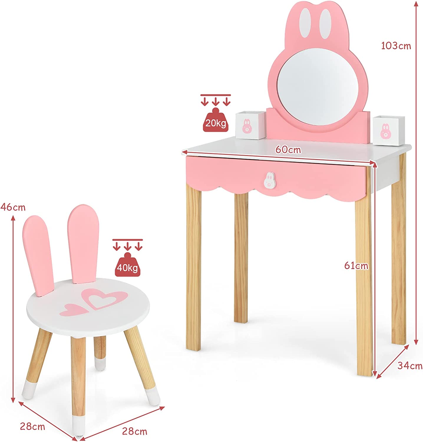 Coiffeuse Avec Tabouret Pour Enfants - Miroir Amouvible - 1 Tiroirs - 2 Boîtes De Rangement