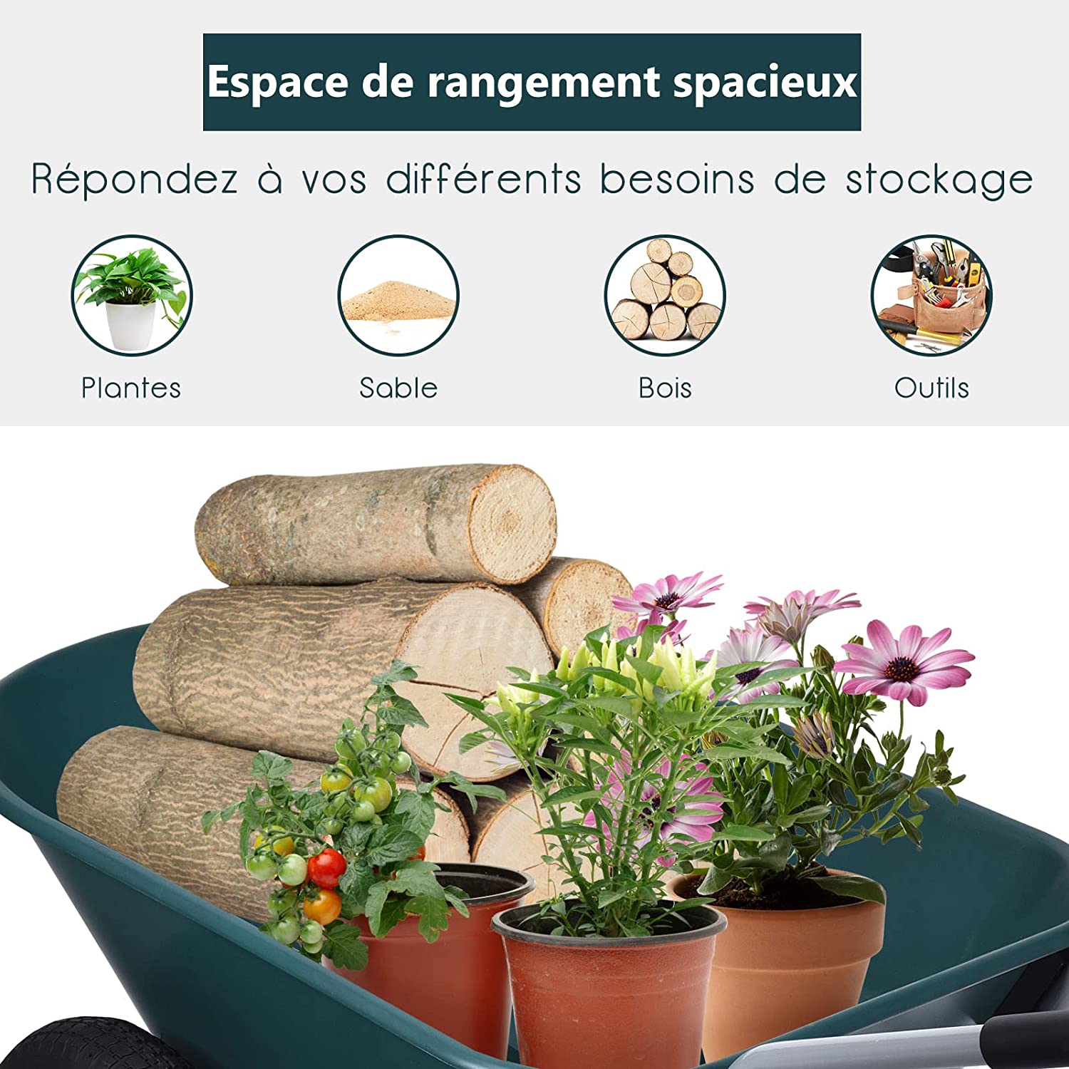 Brouette De Jardin 2 Roues Pneus Pneumatiques Ø35cm 141l Charge Max 150kg Résistante