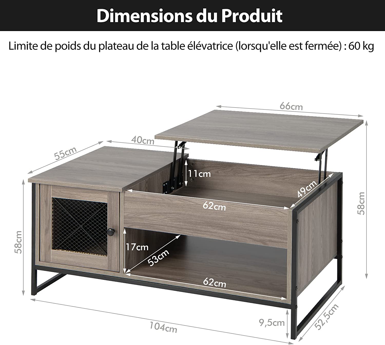 Costway Table Basse Relevable Avec 1 Compartiment Ouvert Et Placard À 2 Portes