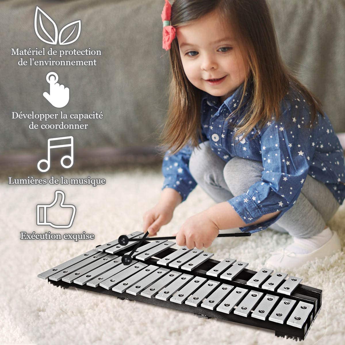 Costway  Kit De Percussion Glockenspiel 30 Note Portable Avec Baguettes En Bois