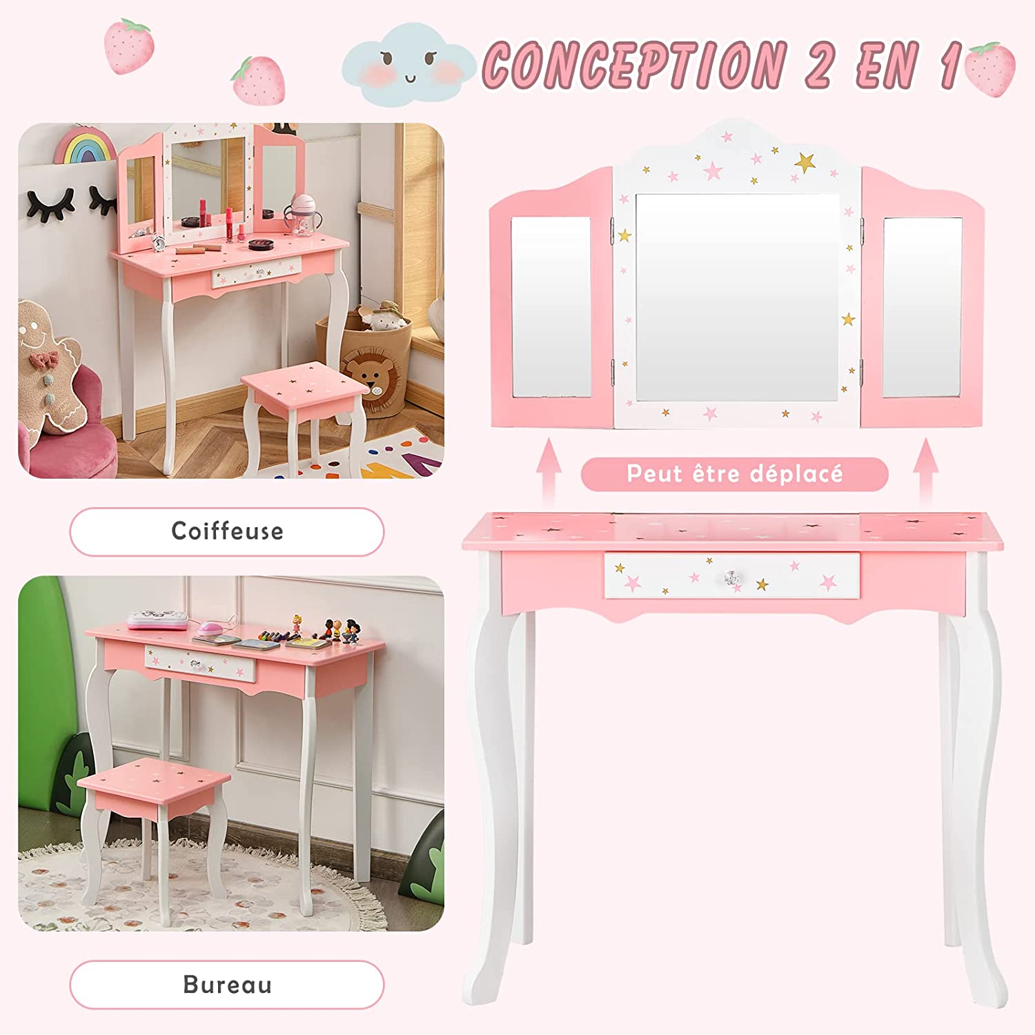 Coiffeuse Avec Tabouret/table De Maquillage Pour Enfants Avec Miroir Pliable À 3 Pans, Tiroir