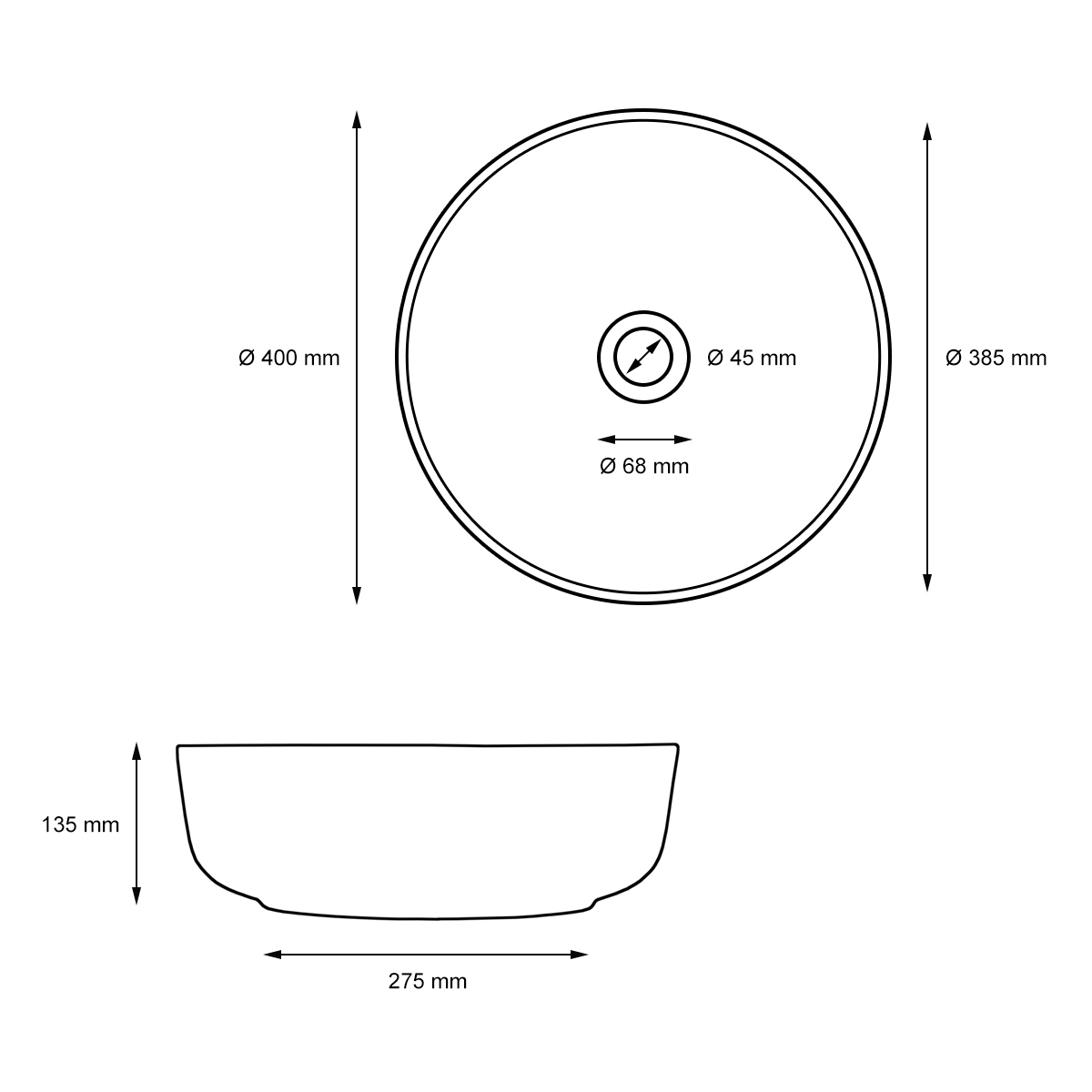 Lavabo Salle De Bain Céramique Blanc Avec Garniture De Vidange Ø 400x400x135 Mm