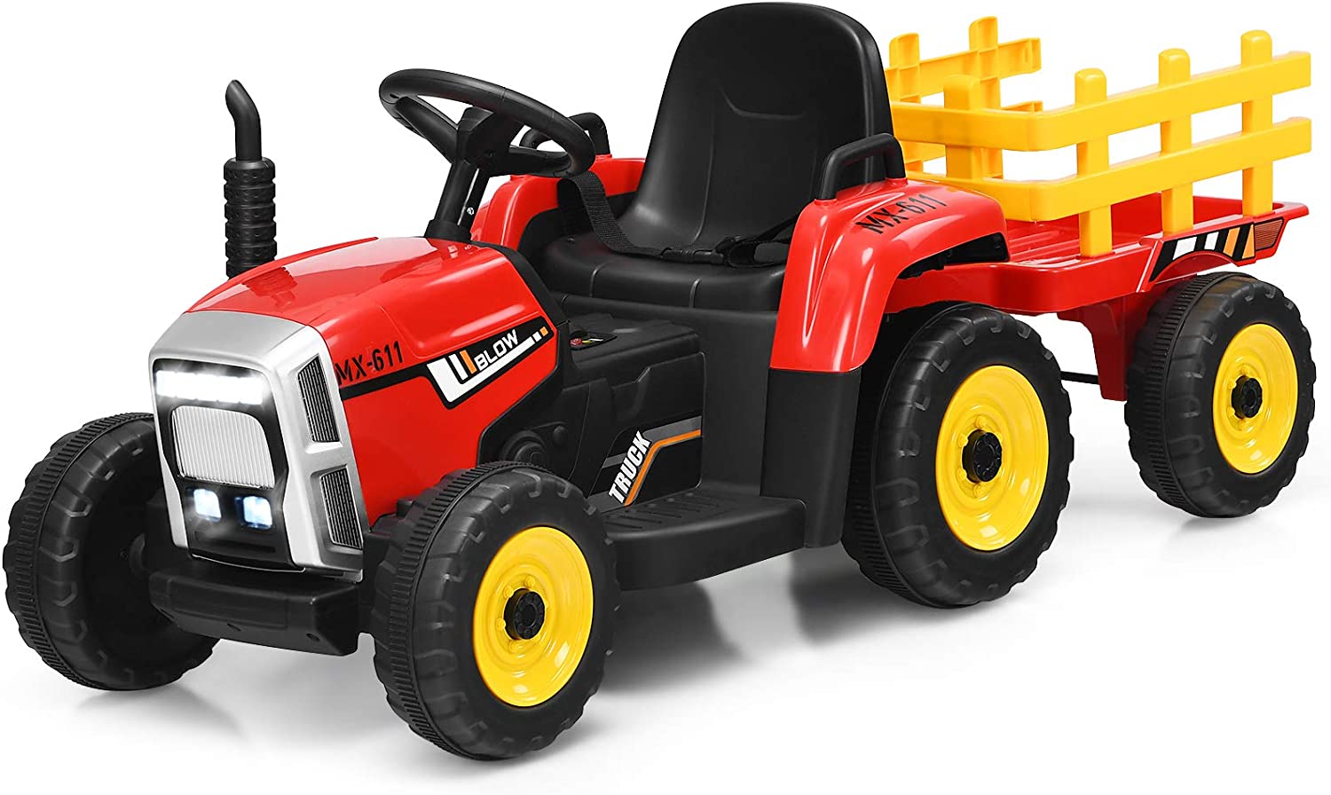 Costway Tracteur Avec Remorque Electrique Pour Enfants 12 V Avec Télécommande 2,4g Avec Led