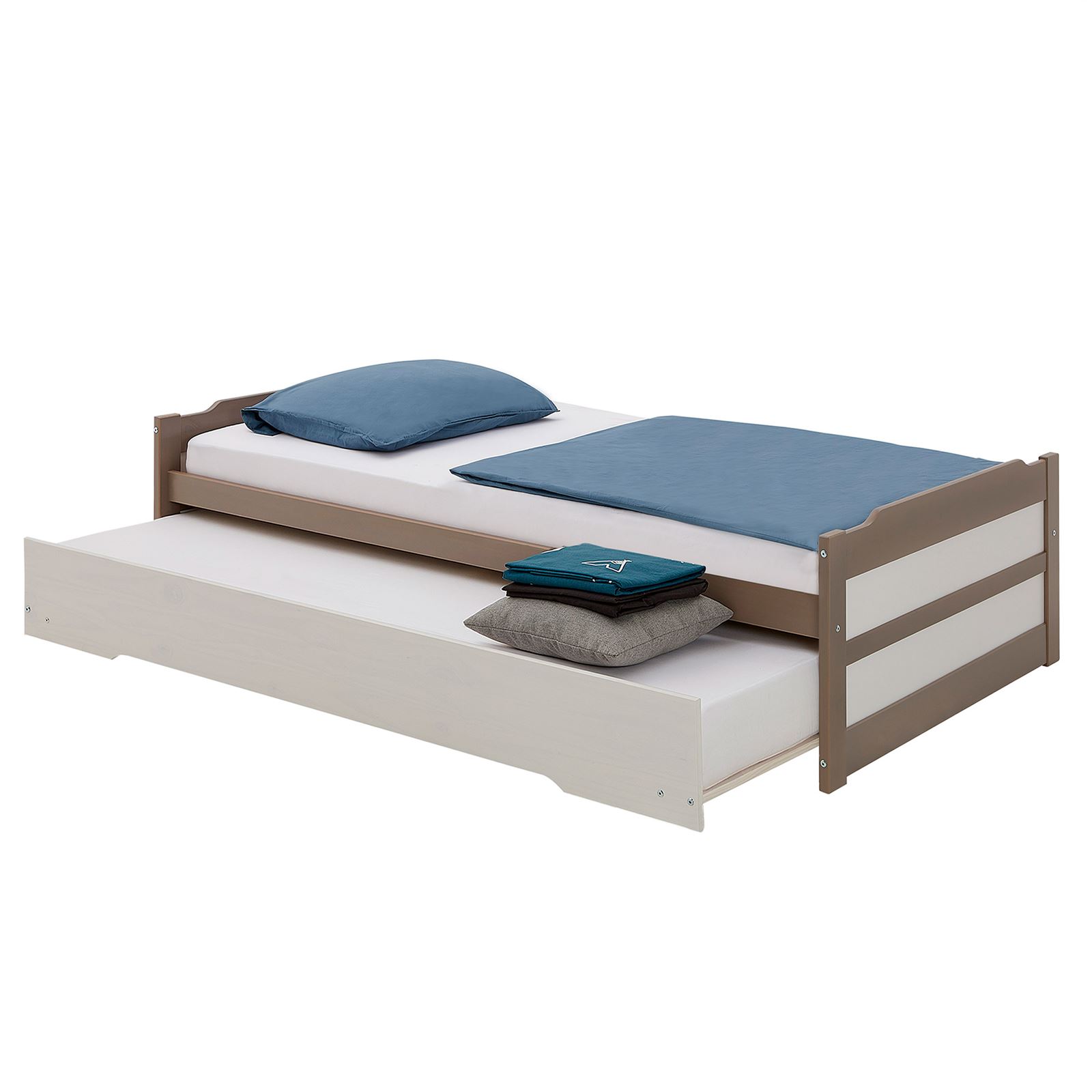 Lit Gigogne Lorena En Pin Massif, 90 X 190 Cm, Lasuré Taupe Et Blanc