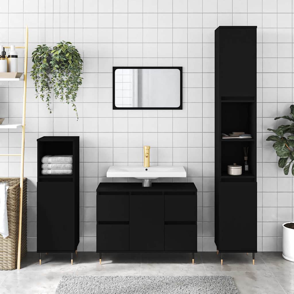 Armoire De Salle De Bain | Armoire De Toilette | Meuble De Rangement Noir 80x33x60 Cm Bois D'ingénierie