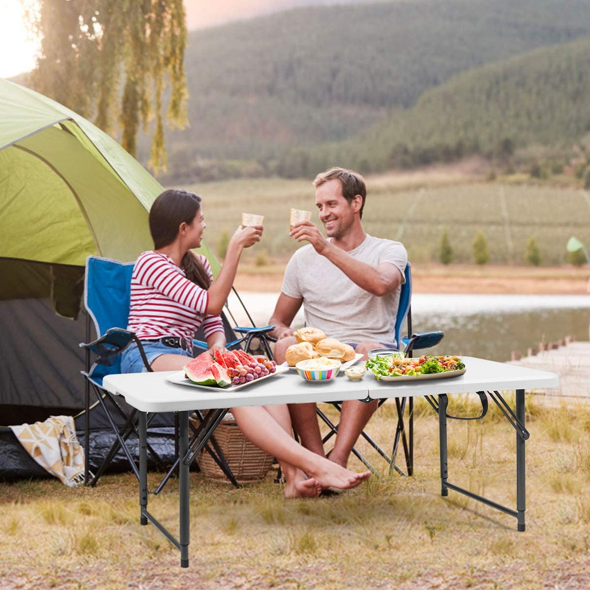 Costway Table Pliante Pour Camping 122 X 61cm Hauteur Réglable À 3 Positions Capacité De Charge 150kg