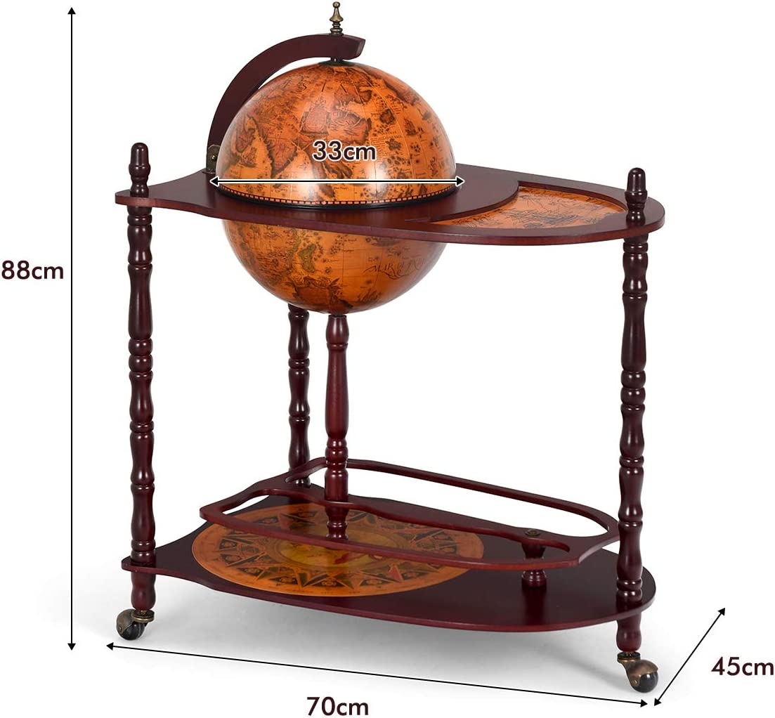 Bar Globe Terrestre Vintage Mappe Monde En Bois D'eucalyptus Avec Roulette Pour Stocker Bouteilles