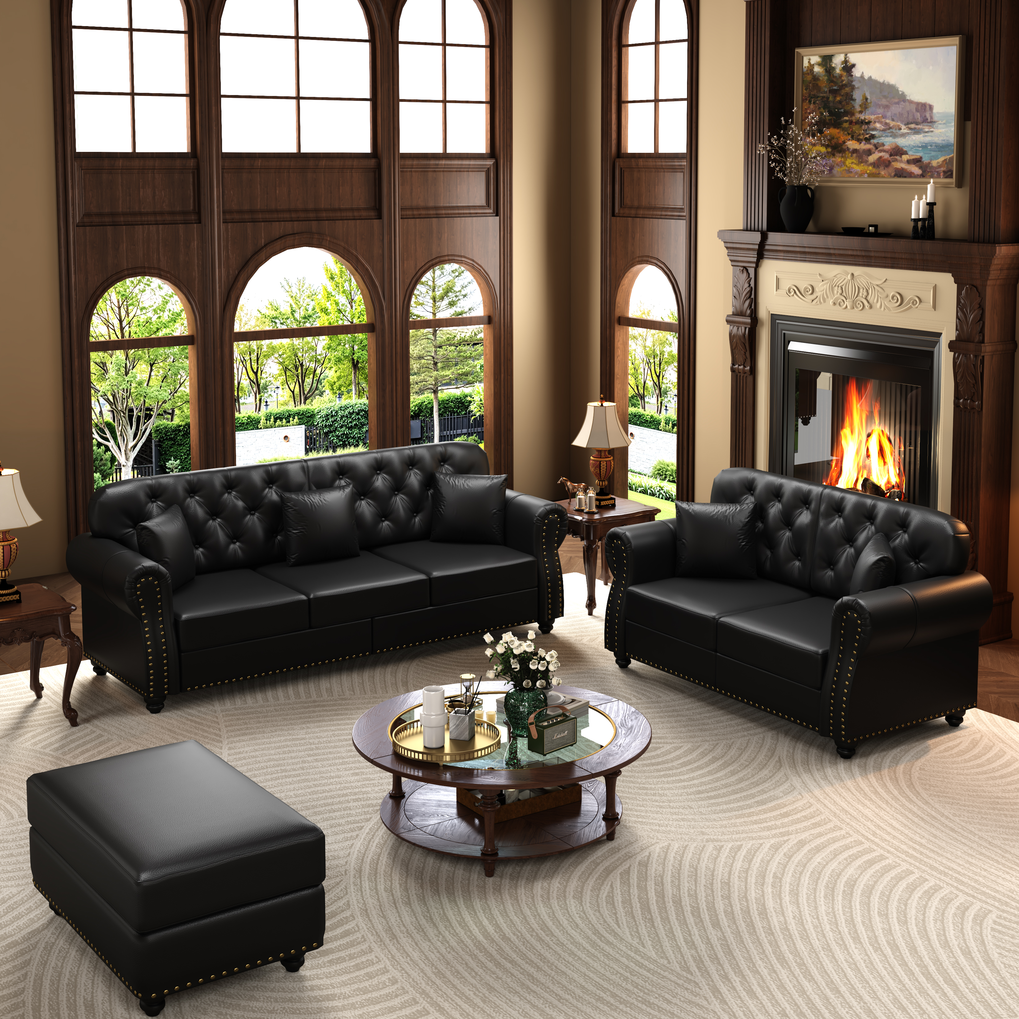 Ensemble salon esprit Chesterfield 5 places avec pouf en revêtement simili cuir noir,...